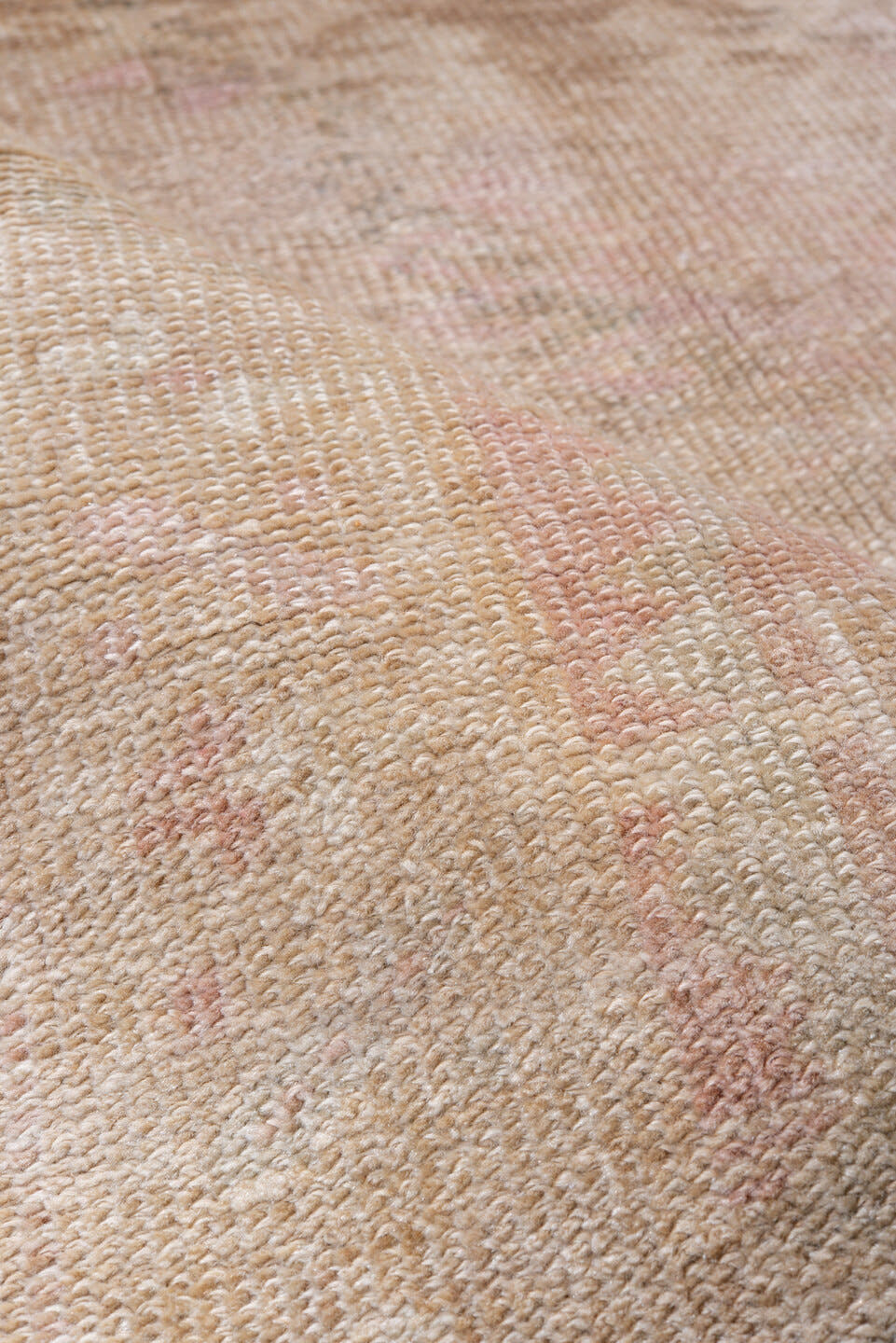 3' x 9' one-of-a-kind handmade vintage Meshed runner rug. Color palette: blush, ivory, taupe, rose, beige, pink, gray, red