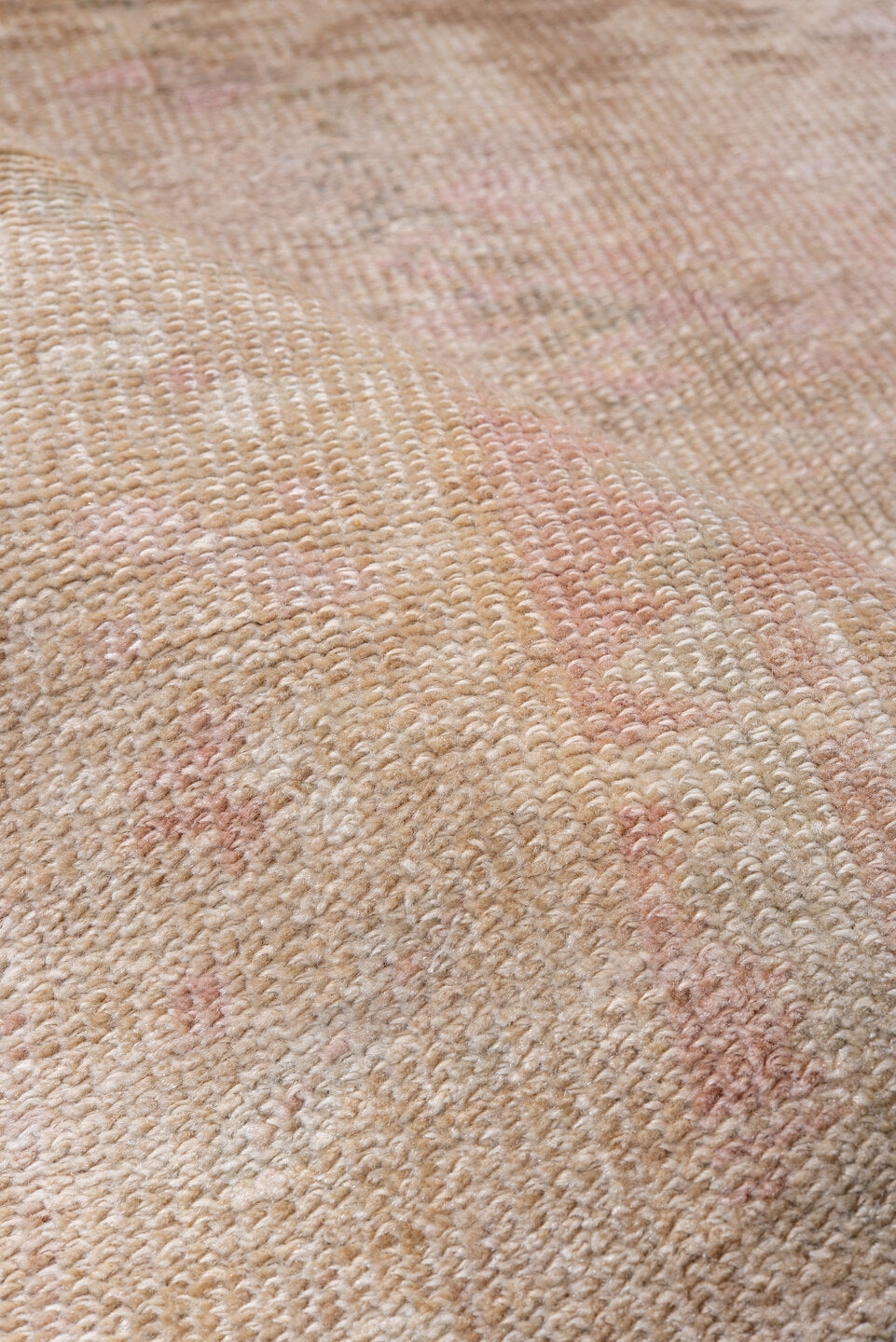 3' x 9' one-of-a-kind handmade vintage Meshed runner rug. Color palette: blush, ivory, taupe, rose, beige, pink, gray, red