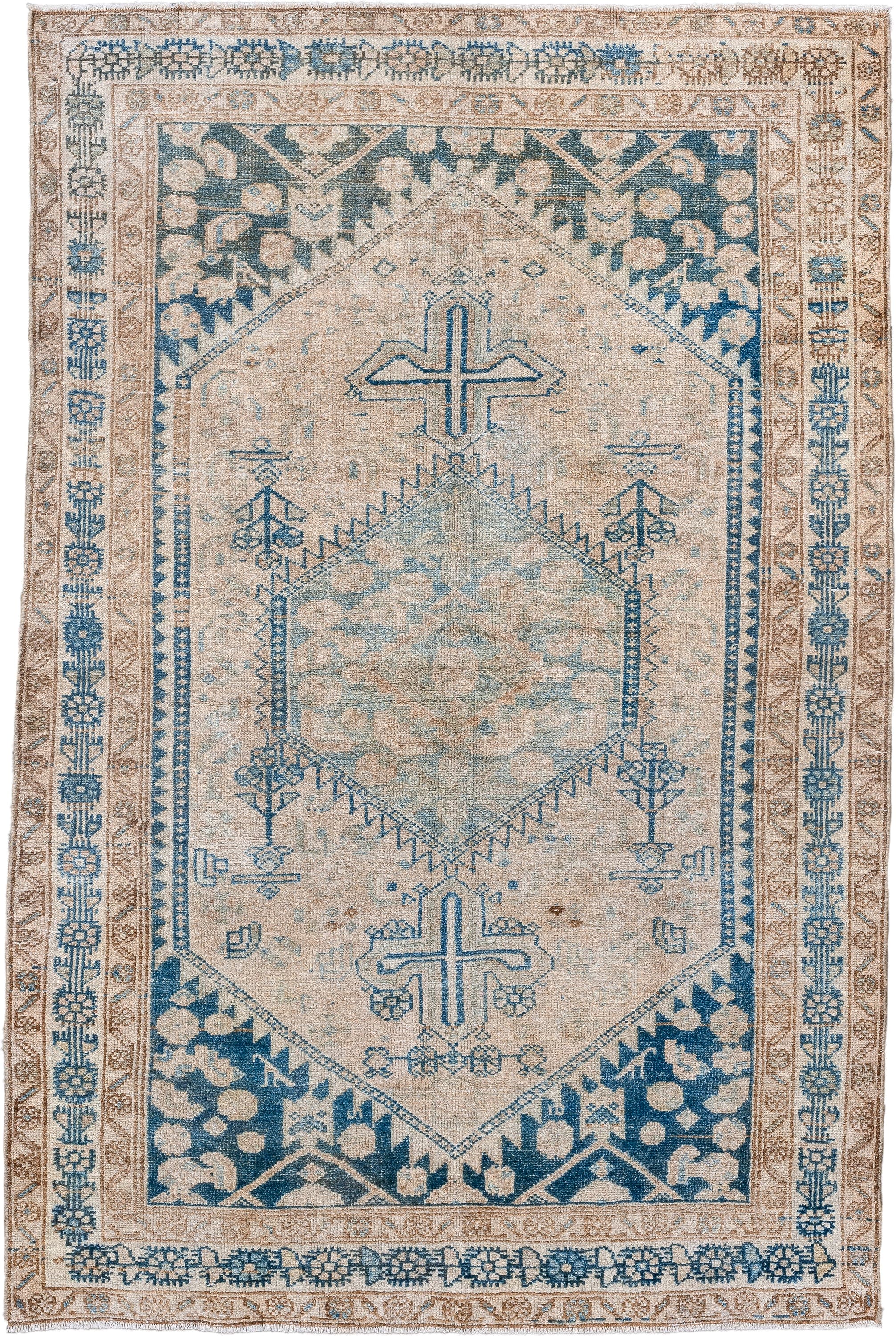 4' x 6' one-of-a-kind handmade vintage Hamadan small size rug. Color palette: ivory, blue, beige, camel, taupe, gray