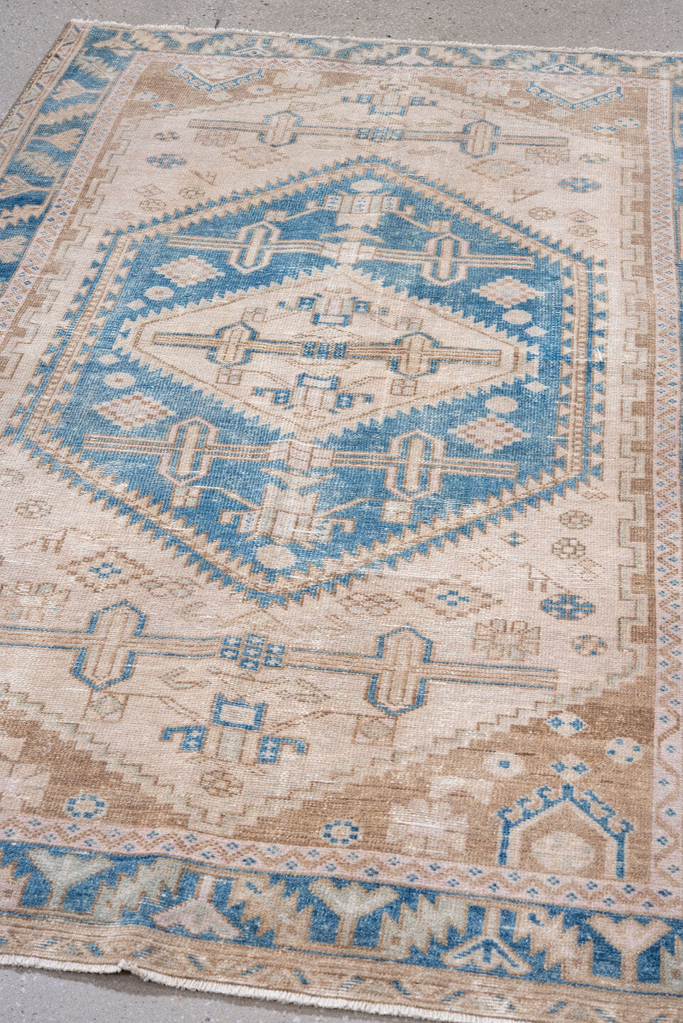 4' x 6' one-of-a-kind handmade vintage Hamadan rug. Color palette: ivory, sky blue, taupe, beige, camel, light blue, gray