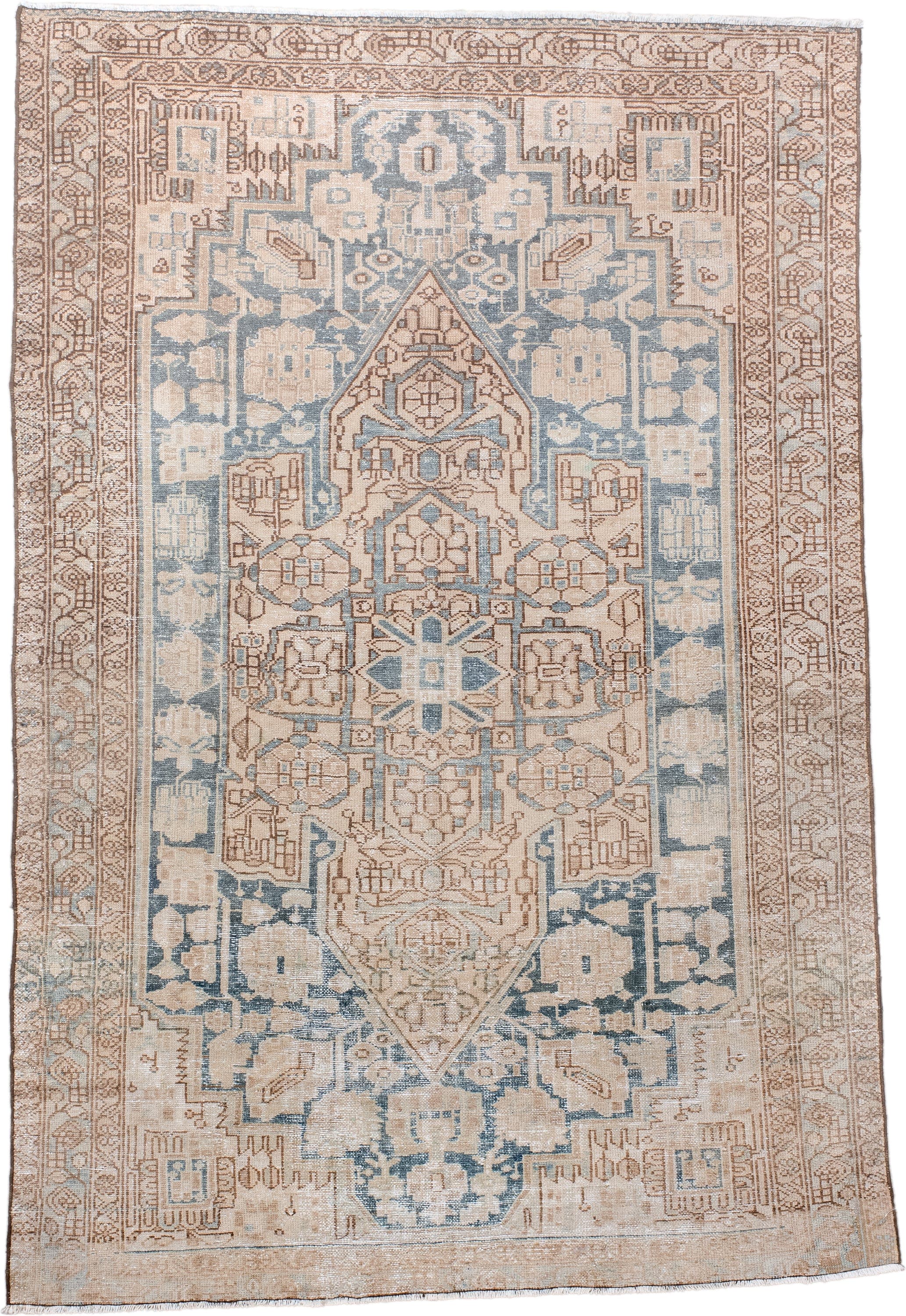 4' x 6' one-of-a-kind handmade vintage Malayer small size rug. Color palette: ivory, pale blue, tan, camel, taupe, beige