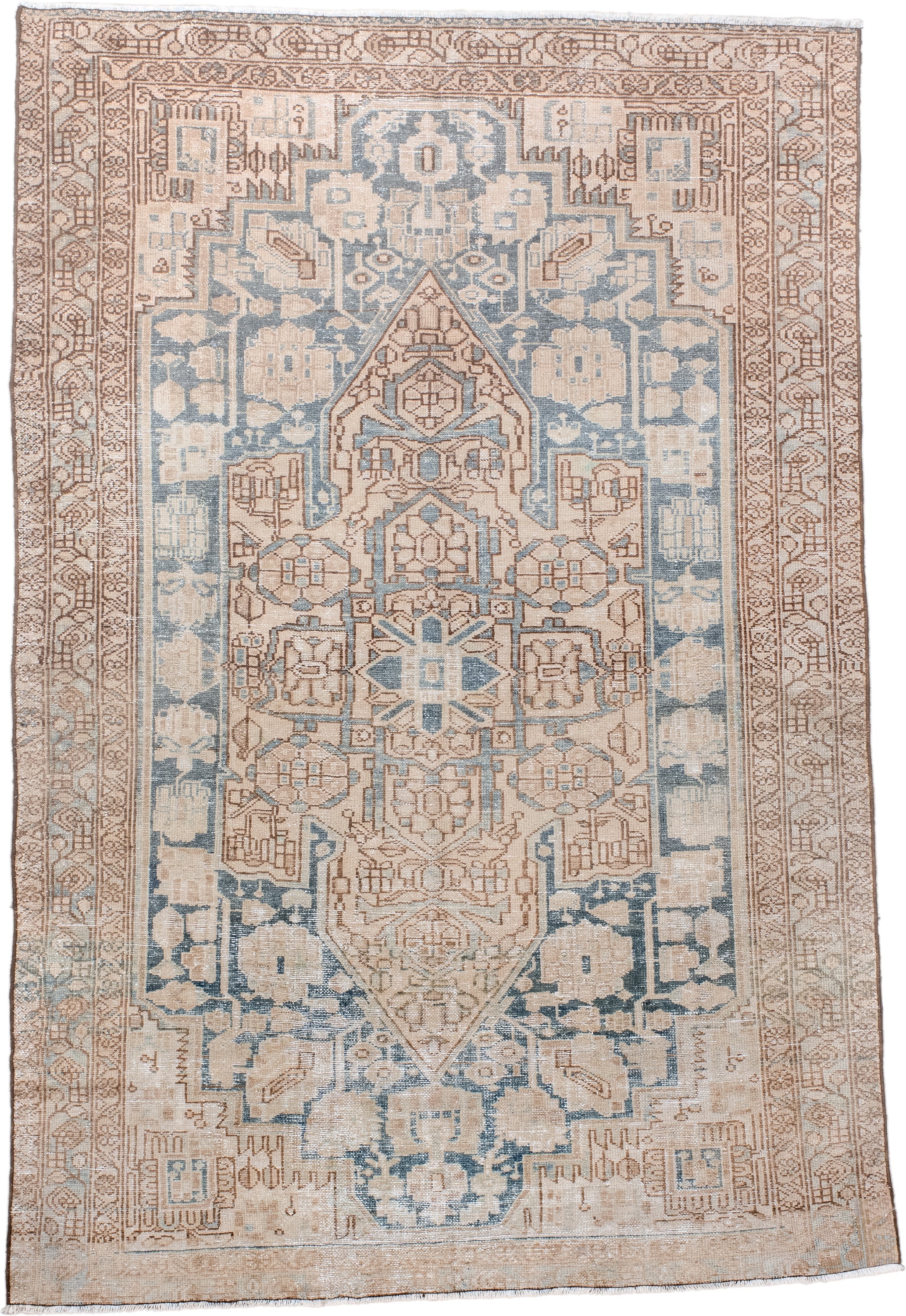 4' x 6' one-of-a-kind handmade vintage Malayer small size rug. Color palette: ivory, pale blue, tan, camel, taupe, beige