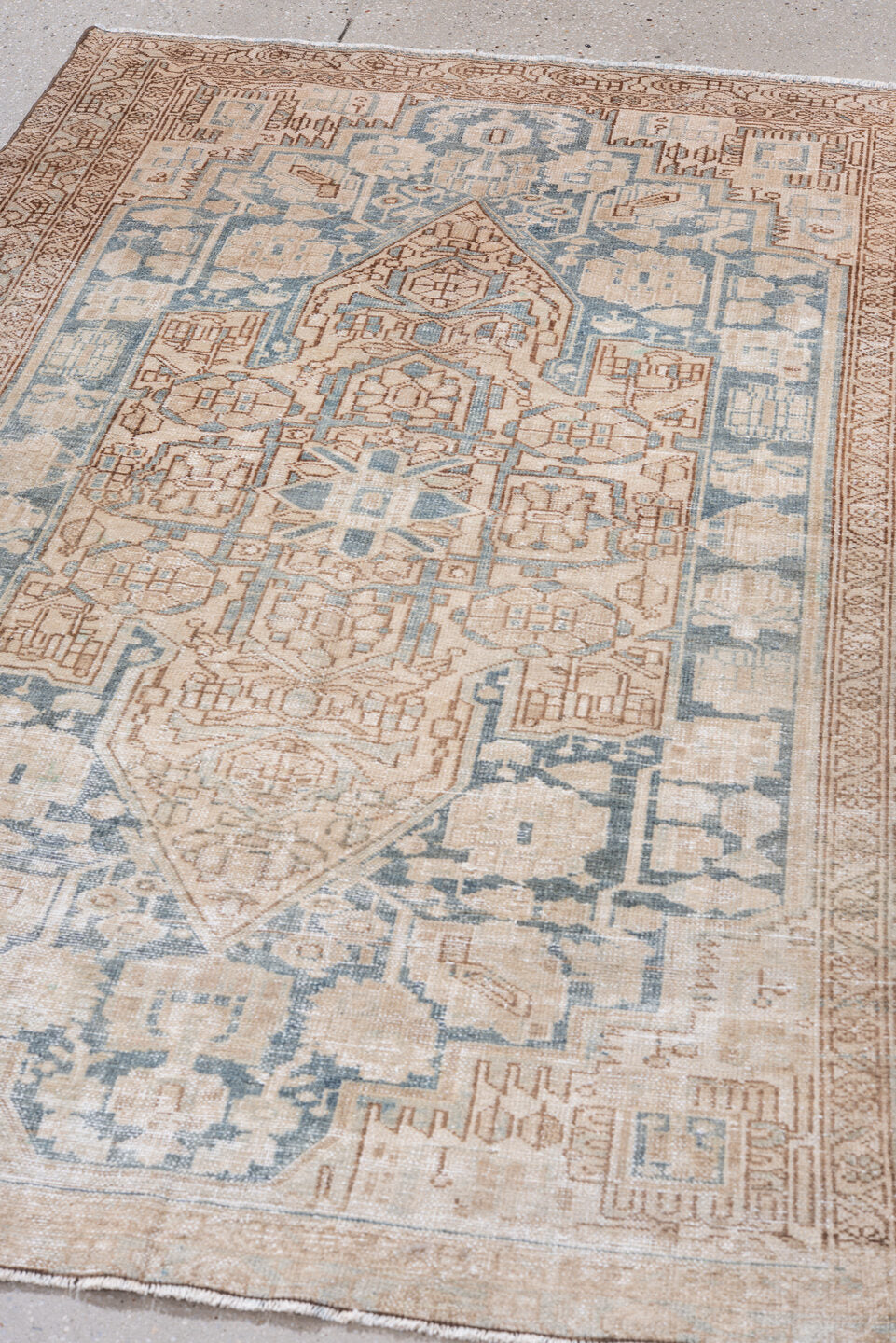 4' x 6' one-of-a-kind handmade vintage Malayer small size rug. Color palette: ivory, pale blue, tan, camel, taupe, beige