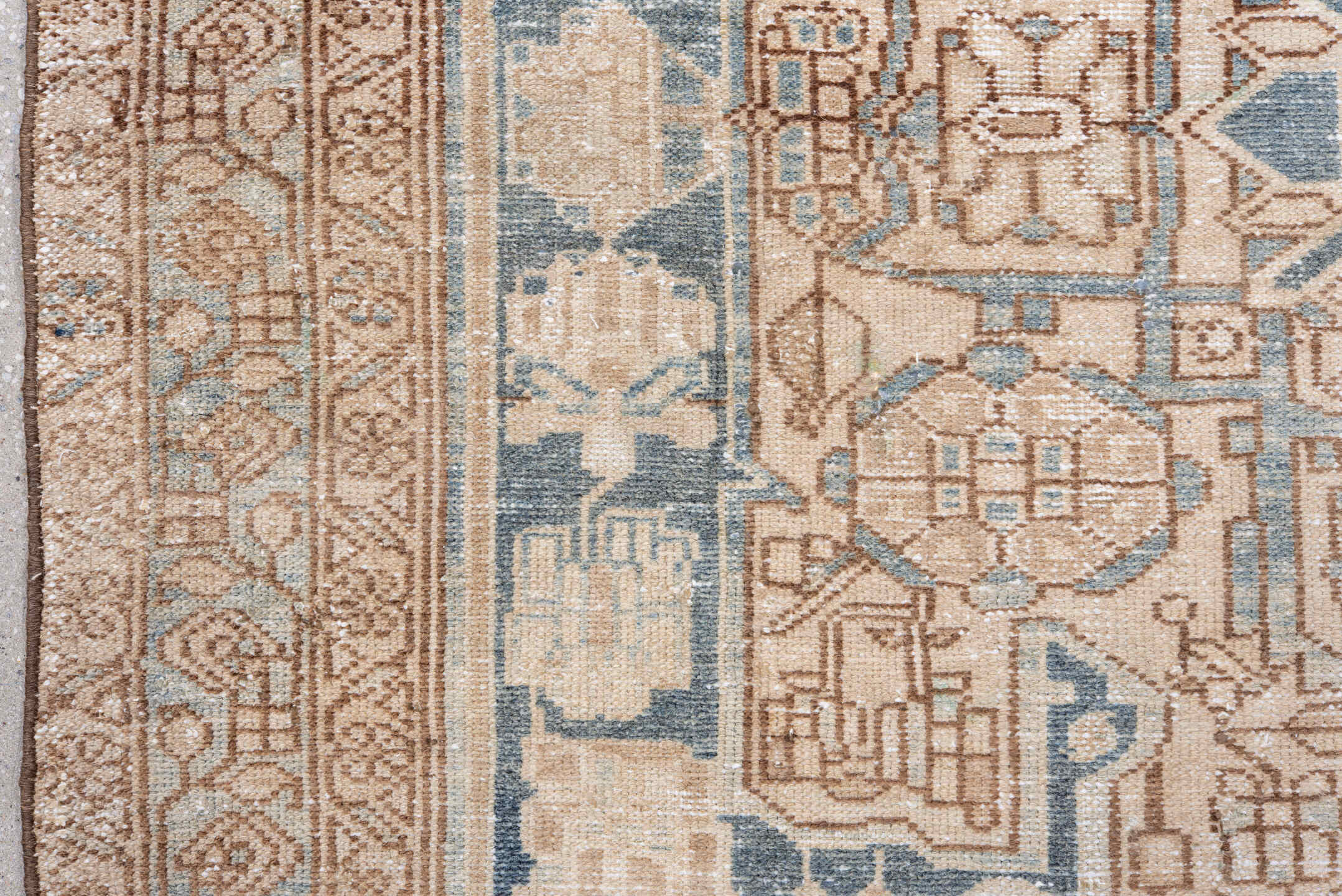 4' x 6' one-of-a-kind handmade vintage Malayer small size rug. Color palette: ivory, pale blue, tan, camel, taupe, beige