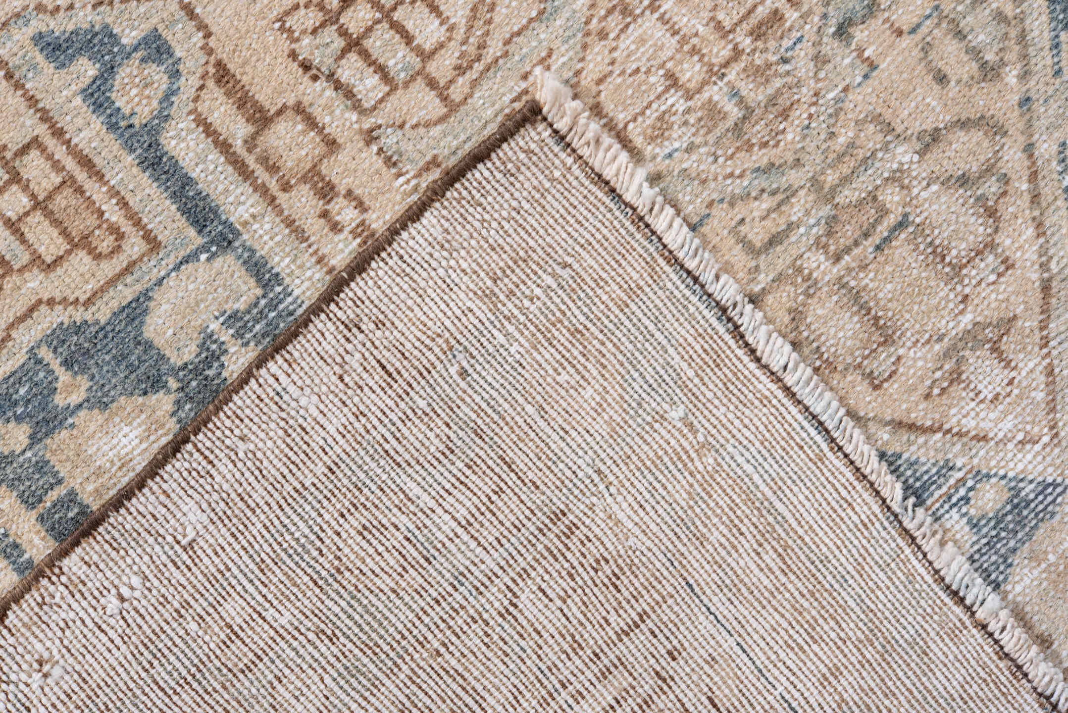 4' x 6' one-of-a-kind handmade vintage Malayer small size rug. Color palette: ivory, pale blue, tan, camel, taupe, beige