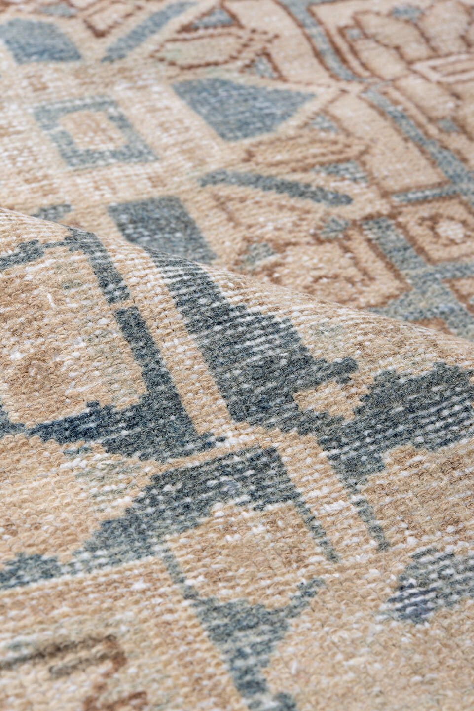 4' x 6' one-of-a-kind handmade vintage Malayer small size rug. Color palette: ivory, pale blue, tan, camel, taupe, beige