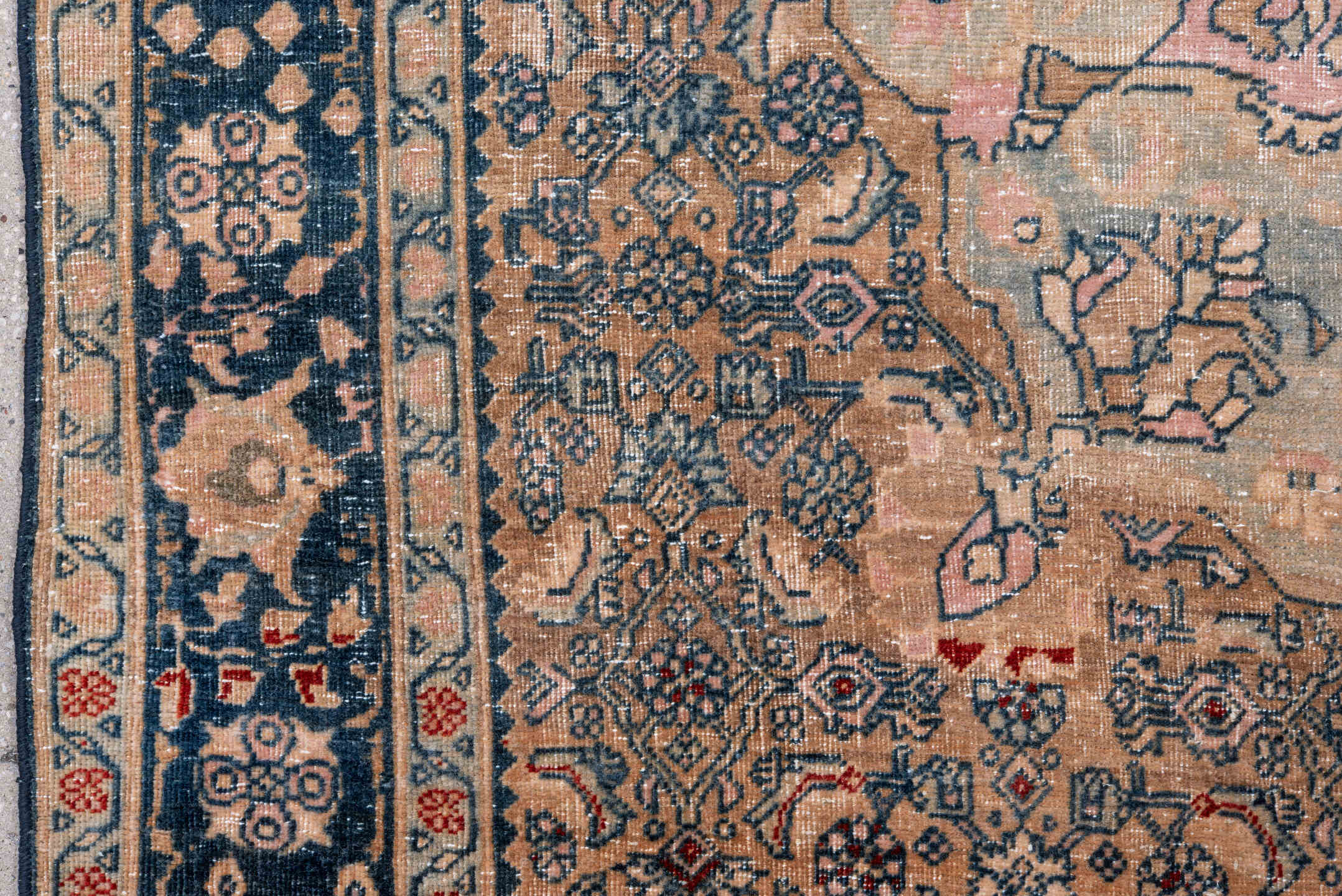 4' x 7' one-of-a-kind handmade vintage Bidjar rug. Color palette: blue, brown, dim gray, fiord, gray, off-white, orange