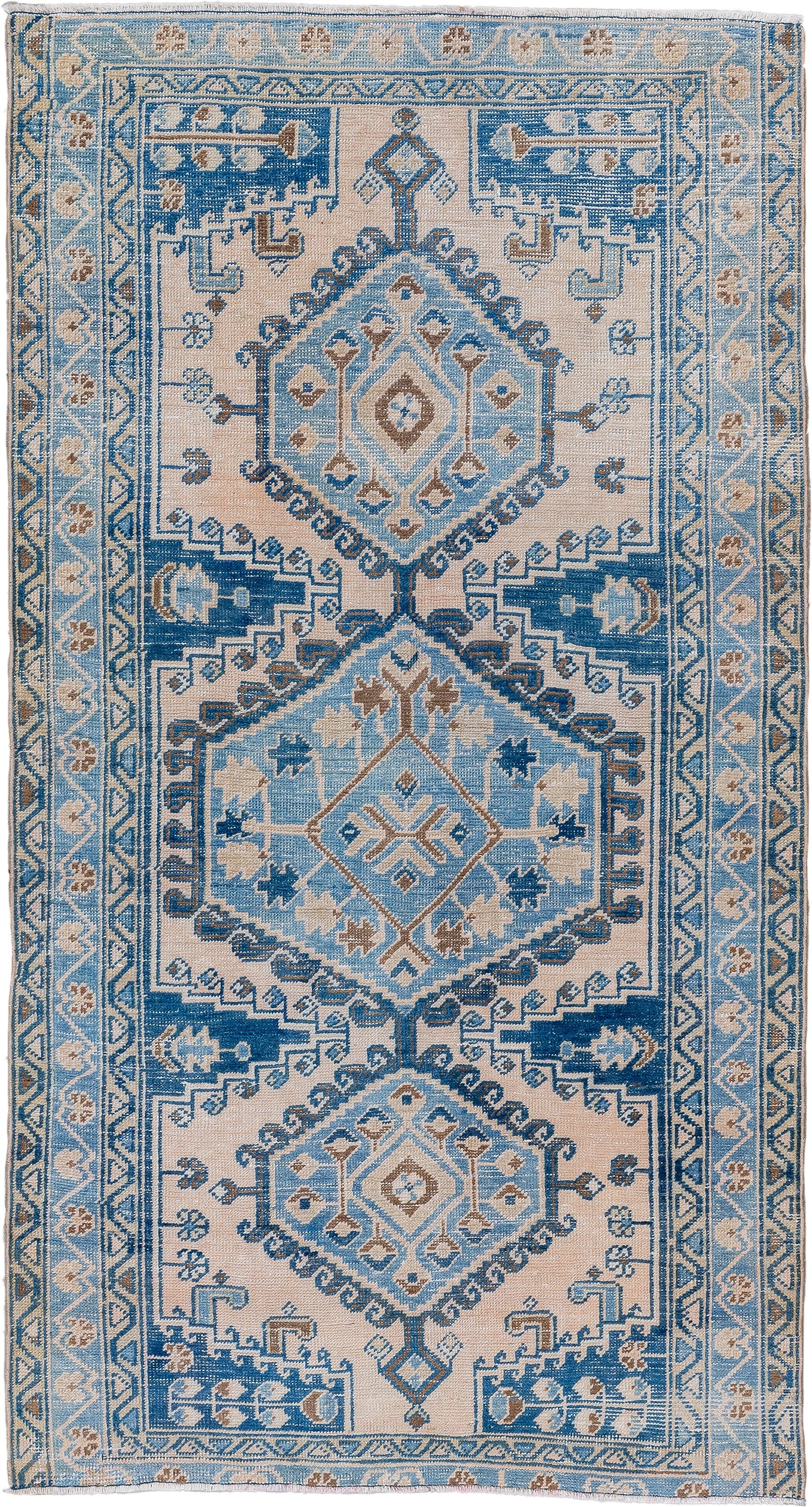 3' x 6' one-of-a-kind handmade vintage Veece small size rug. Color palette: ivory, sky blue, camel, navy, taupe, light blue