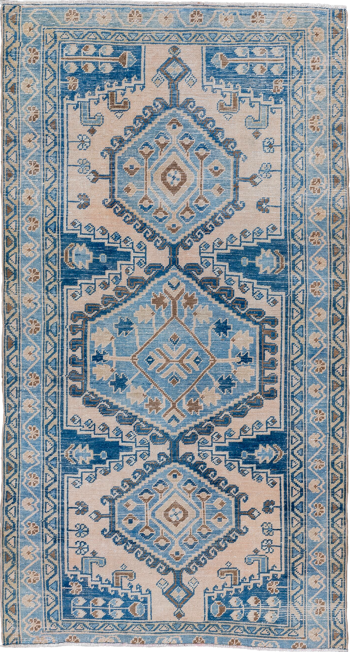 3' x 6' one-of-a-kind handmade vintage Veece small size rug. Color palette: arapawa, blue, brown, dim gray, gainsboro, gray