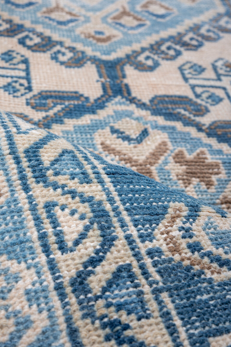 3' x 6' one-of-a-kind handmade vintage Veece small size rug. Color palette: ivory, sky blue, camel, navy, taupe, light blue