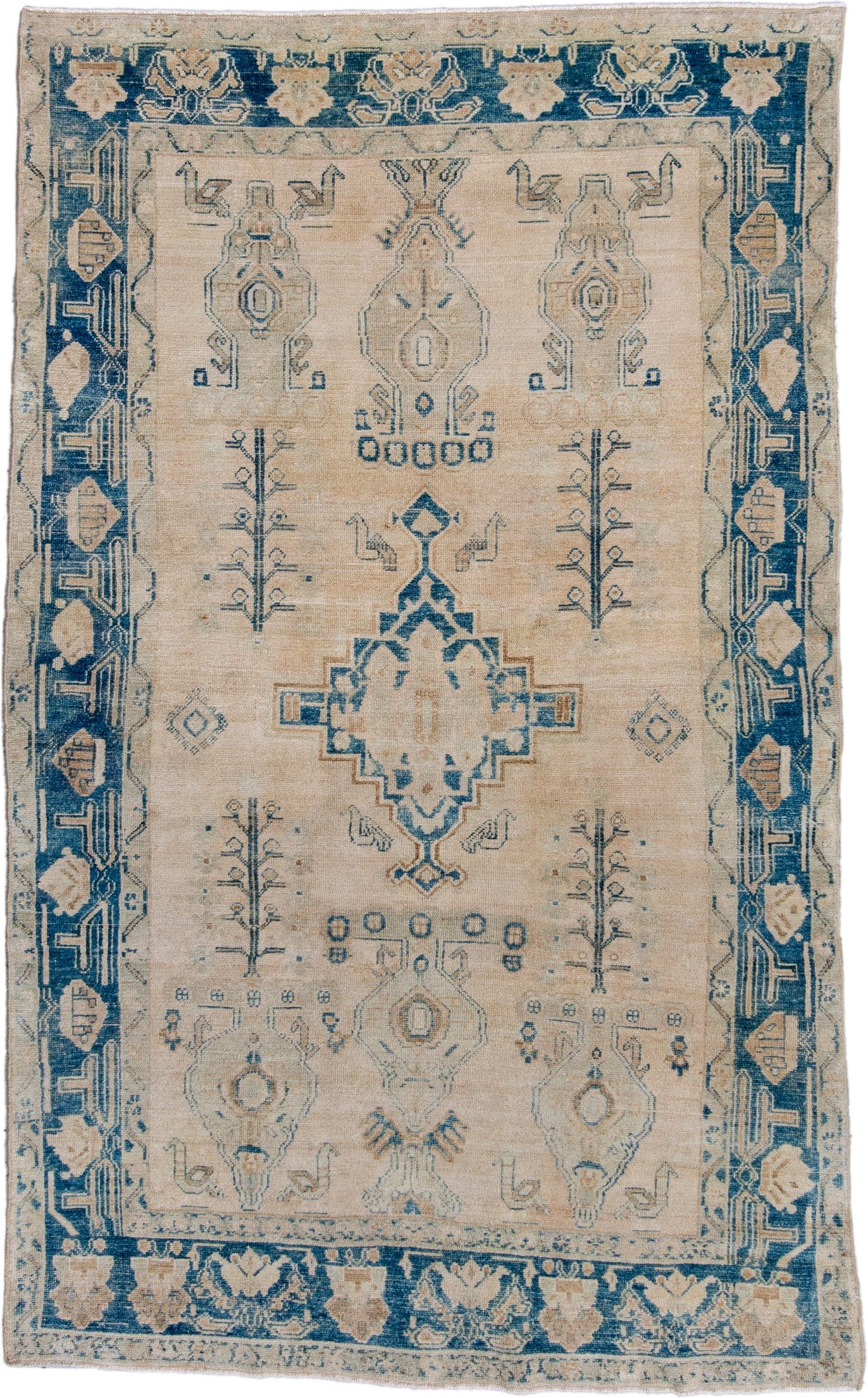 4' x 7' one-of-a-kind handmade antique Afshar rug. Color palette: ivory, indigo, beige, camel, slate, purple, gray