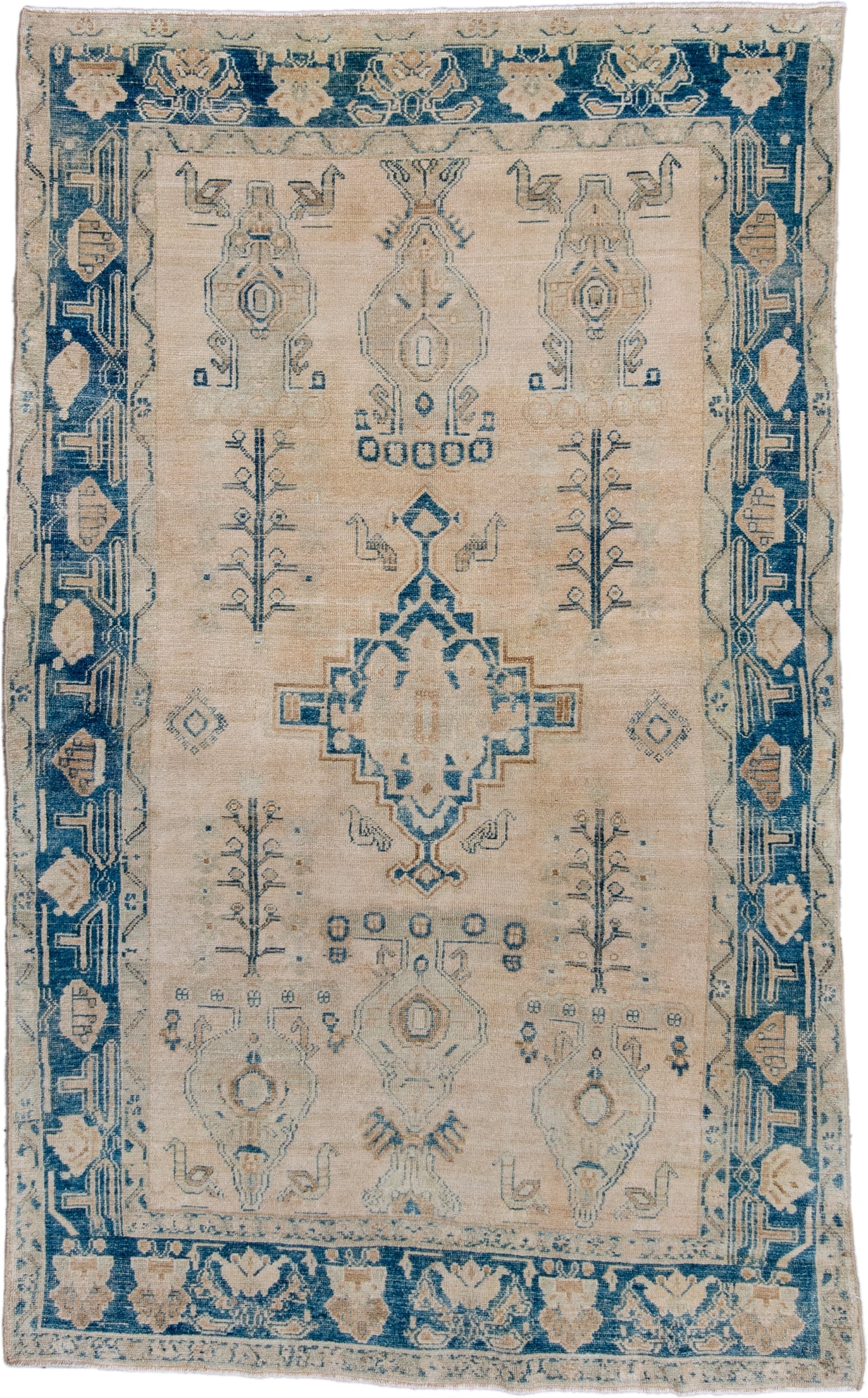 4' x 7' one-of-a-kind handmade antique Afshar rug. Color palette: ivory, indigo, beige, camel, slate, purple, gray