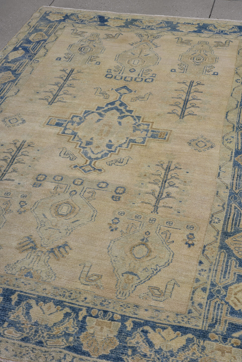 4' x 7' one-of-a-kind handmade vintage Afshar rug. Color palette: blue, brown, dark gray, fiord, gainsboro, gray, light gray