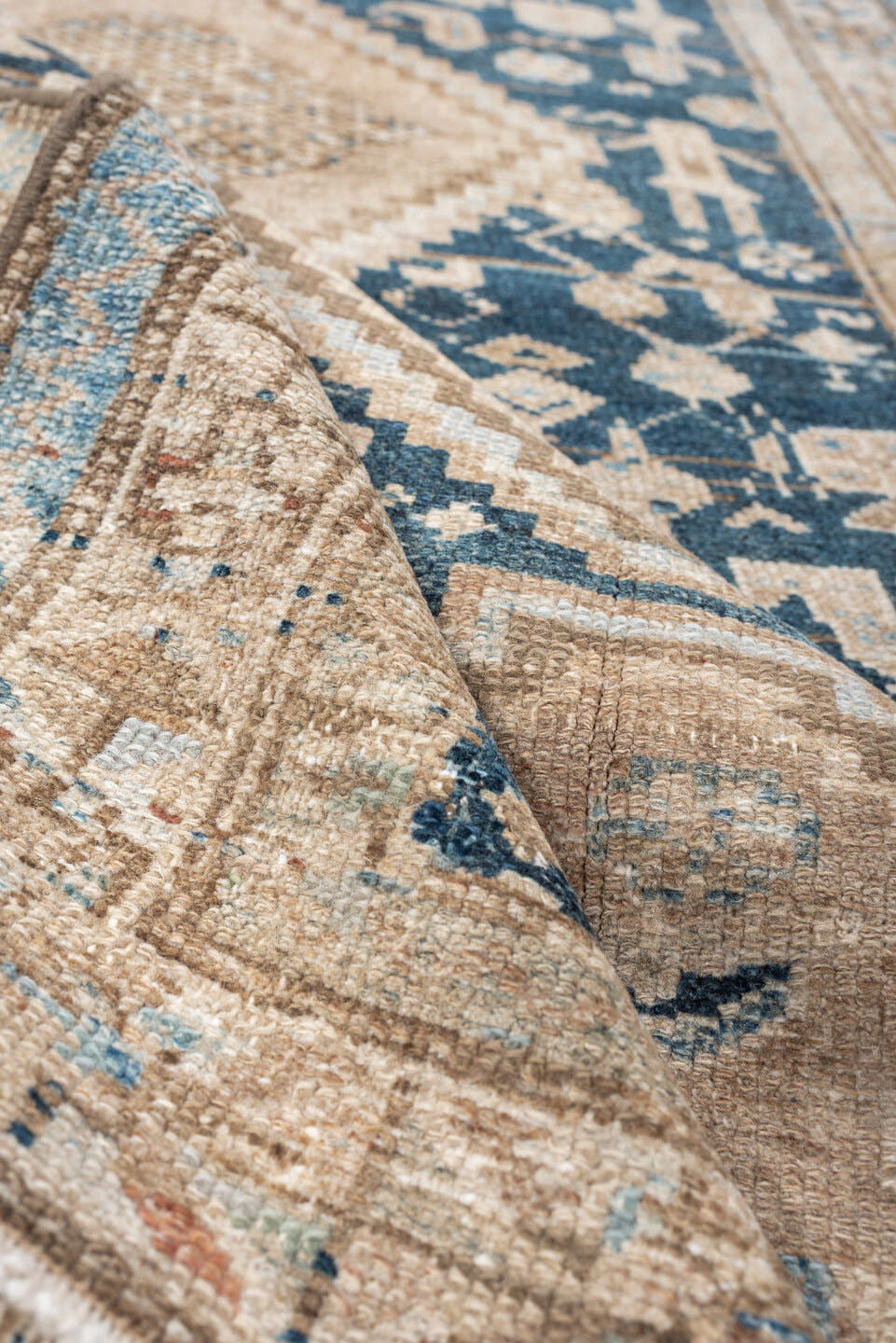 3' x 6' one-of-a-kind handmade antique Hamadan small size rug. Color palette: denim blue, ivory, beige, taupe, camel
