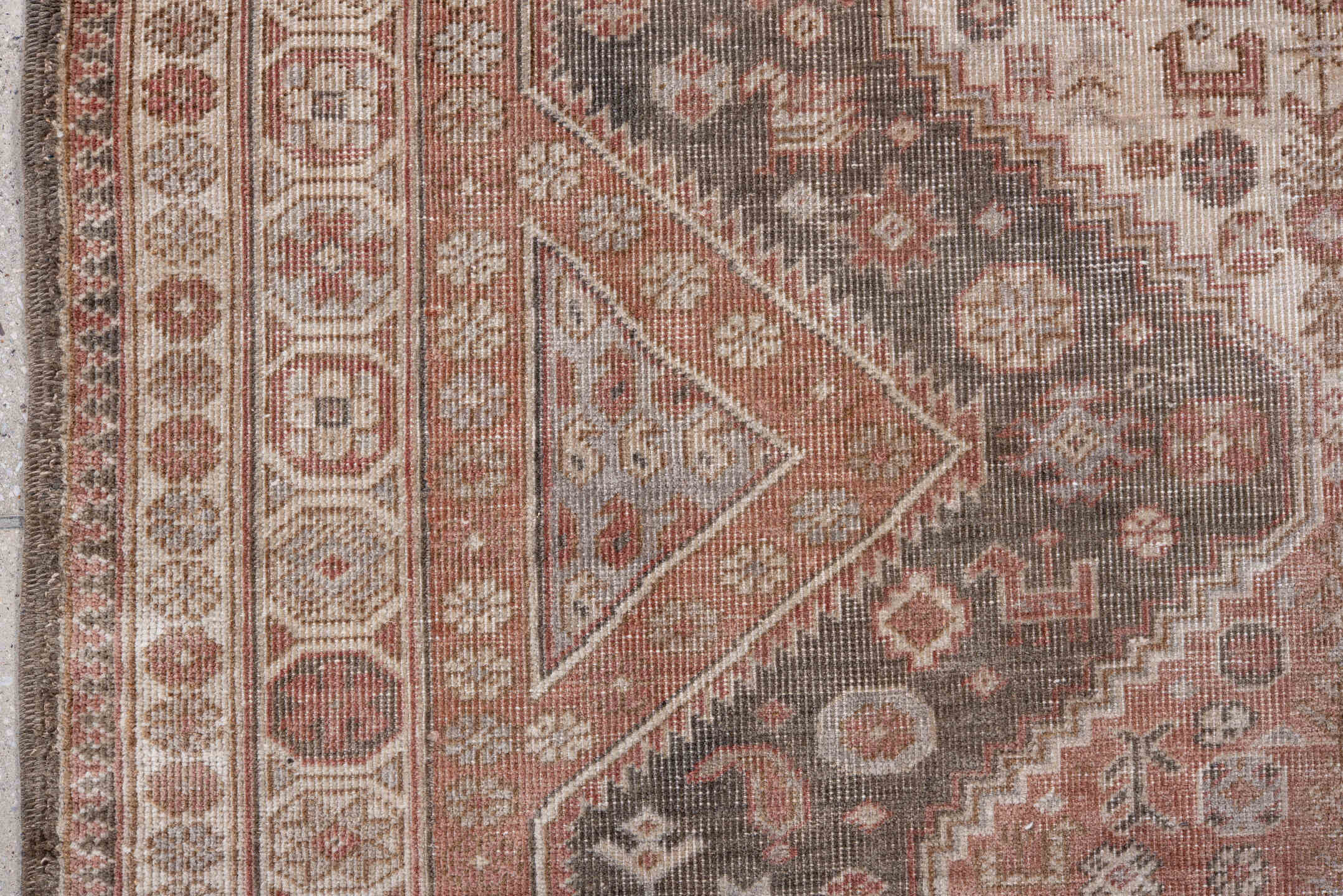 3' x 5' one-of-a-kind handmade vintage Sivas small size rug. Color palette: black, brown, gray, lavender blush, light gray