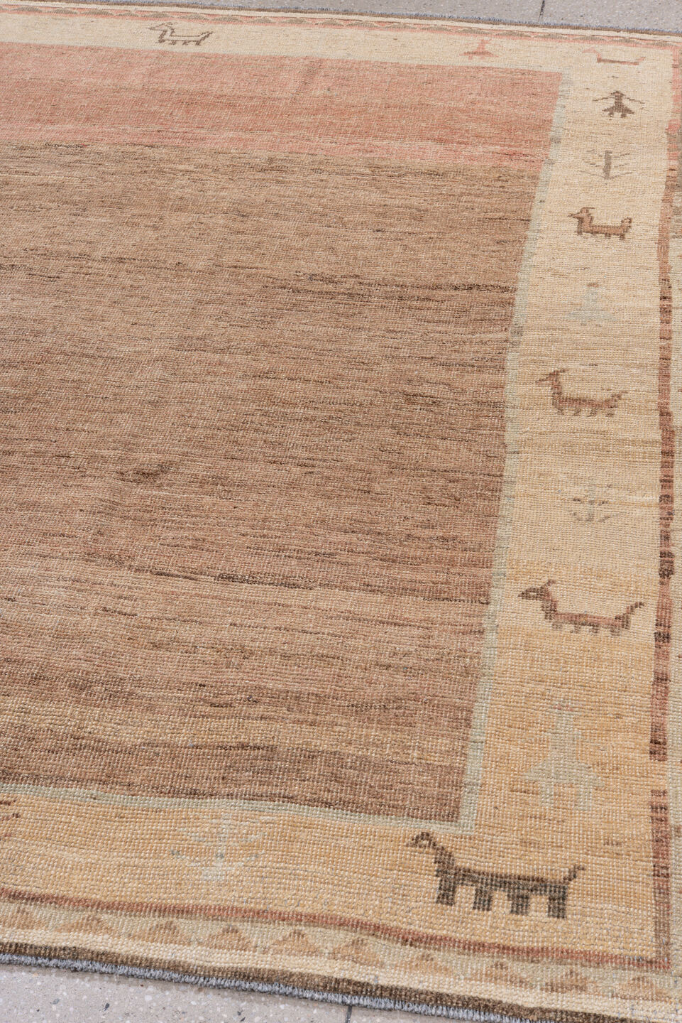 6' x 7' one-of-a-kind handmade vintage Gabbe rug. Color palette: brown, gray, off-white, orange, pink