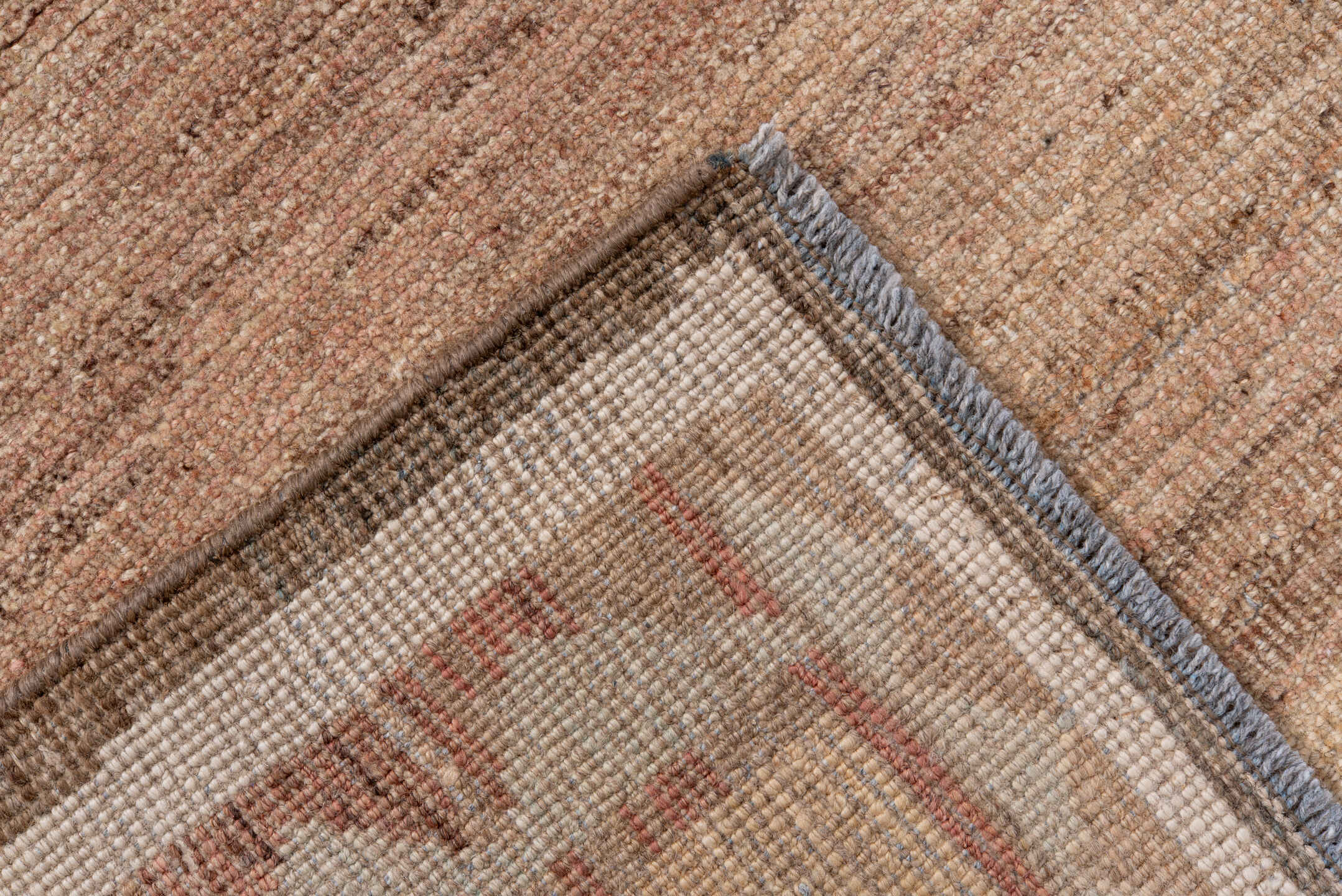 6' x 7' one-of-a-kind handmade vintage Gabbe rug. Color palette: brown, gray, off-white, orange, pink