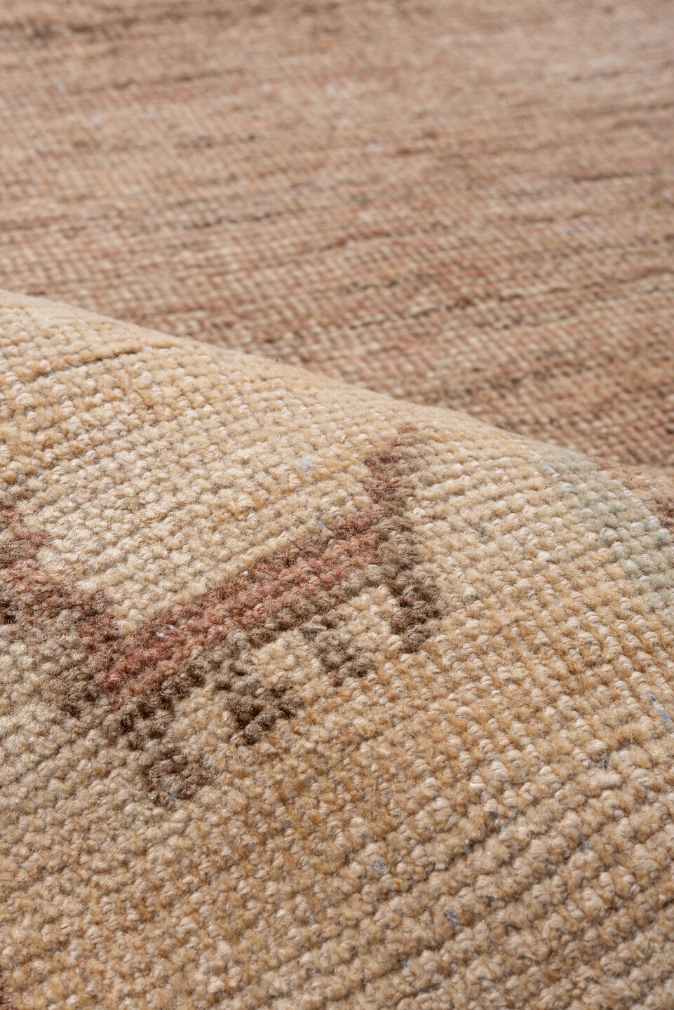 6' x 7' one-of-a-kind handmade vintage Gabbe rug. Color palette: taupe, rose, ivory, brown, camel, blush, beige, gray, pink