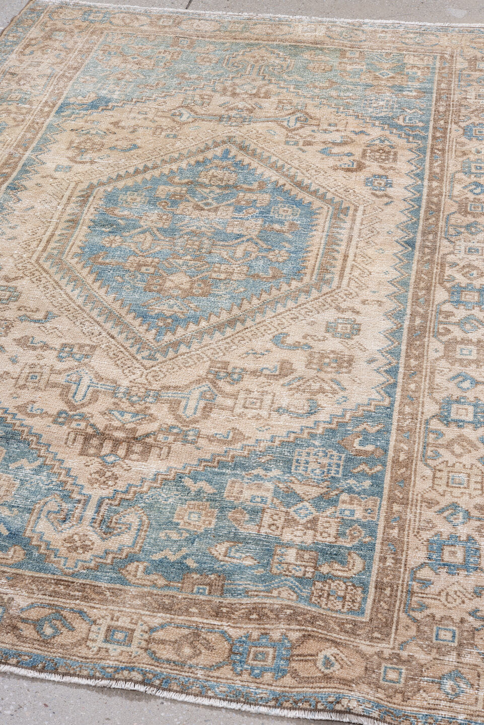 4' x 6' one-of-a-kind handmade vintage Hamadan small size rug. Color palette: ivory, sky blue, beige, taupe, camel