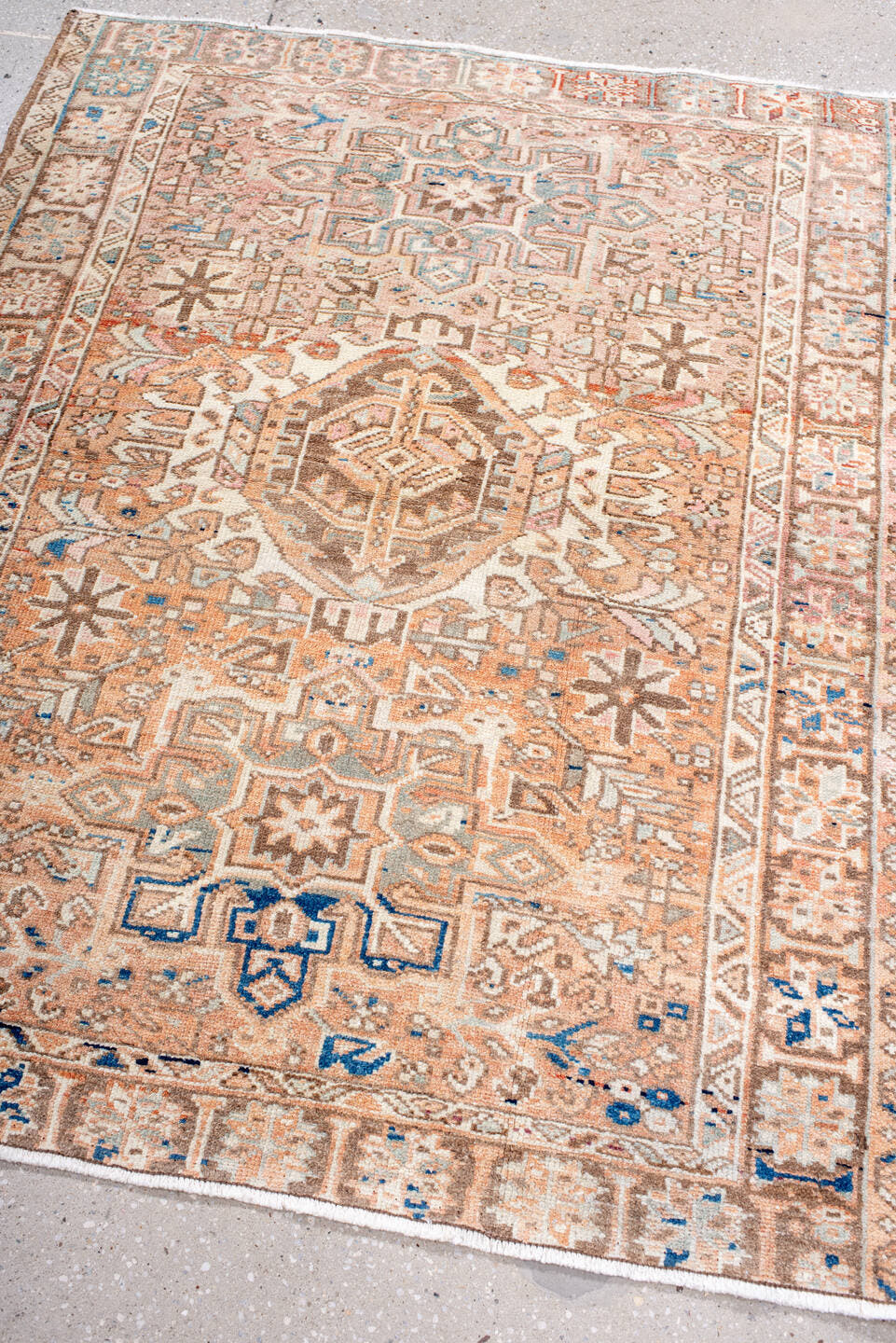 3' x 4' one-of-a-kind handmade antique Malayer small size rug. Color palette: blush, ivory, camel, taupe, sky_blue, brown