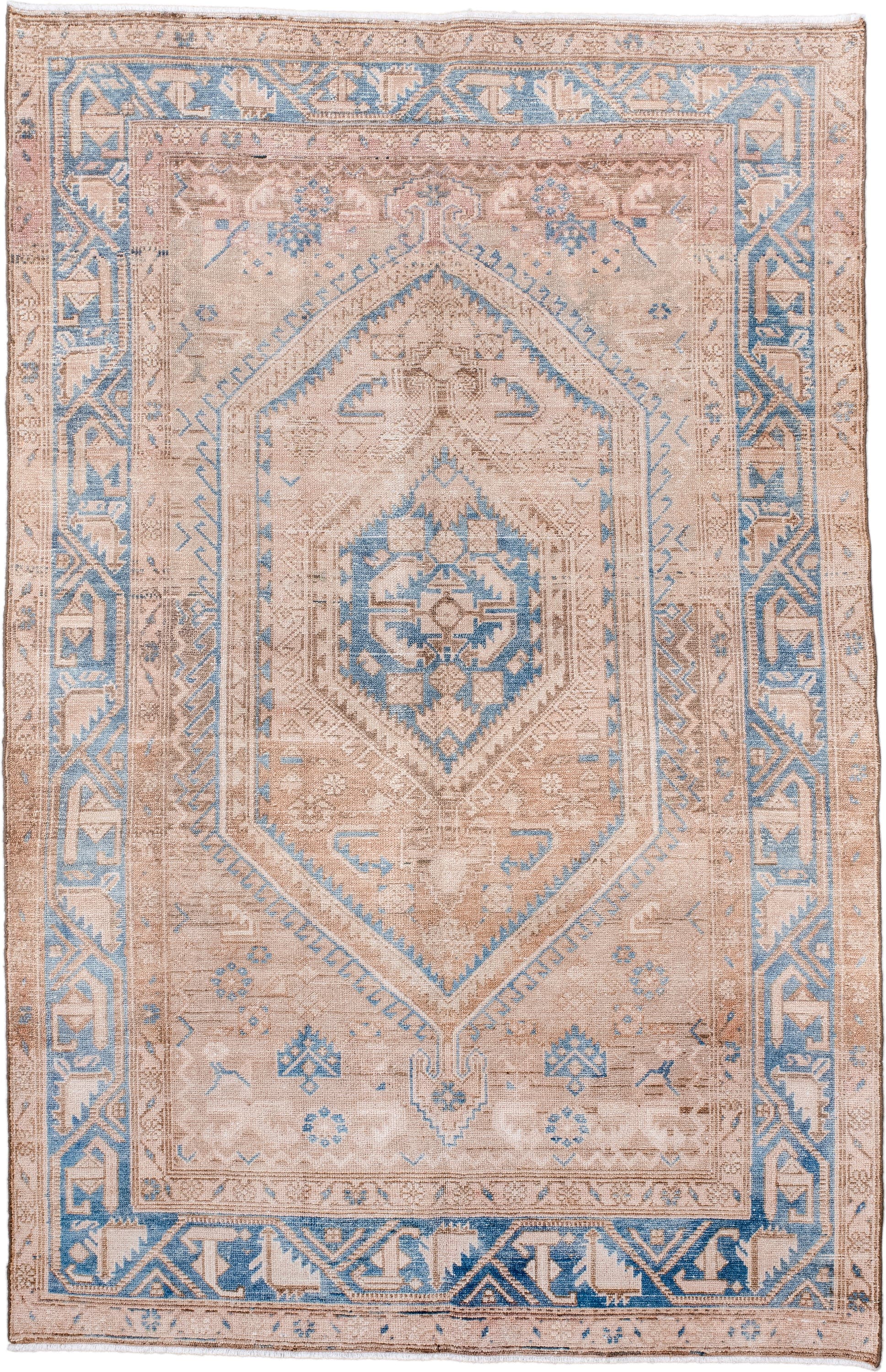 4' x 6' one-of-a-kind handmade vintage Malayer small size rug. Color palette: beige, sky blue, ivory, taupe, camel