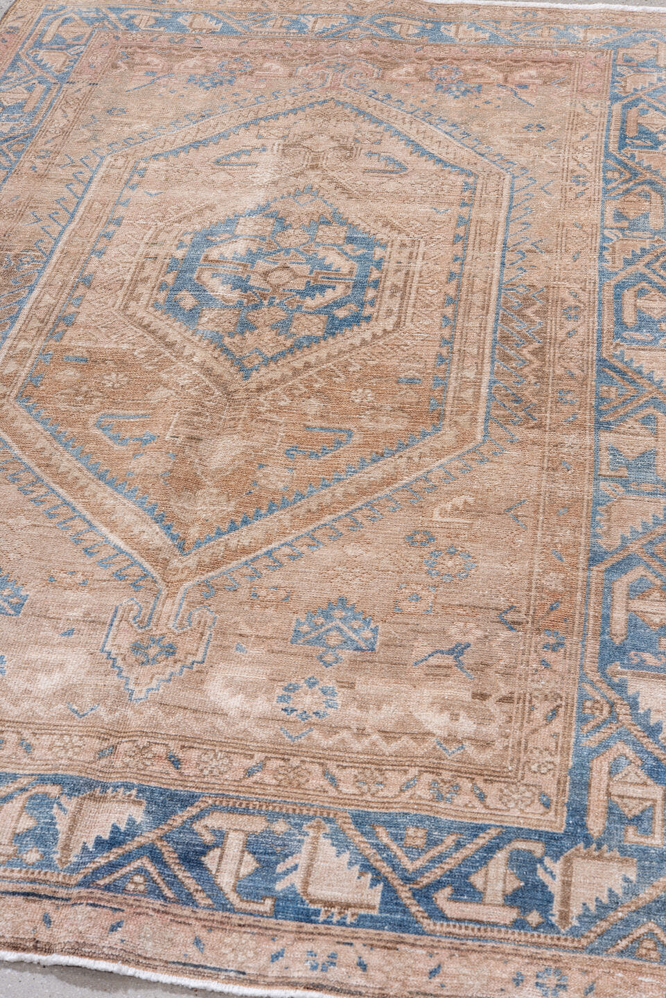 4' x 6' one-of-a-kind handmade vintage Malayer small size rug. Color palette: beige, sky blue, ivory, taupe, camel