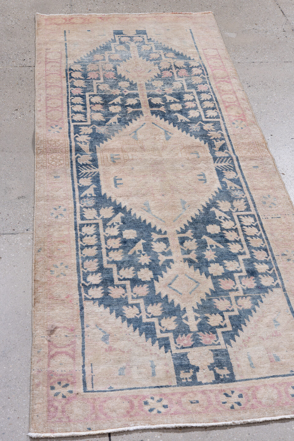 2' x 6' one-of-a-kind handmade antique Sivas runner rug. Color palette: blush, ivory, indigo, pale pink, cream, sky blue