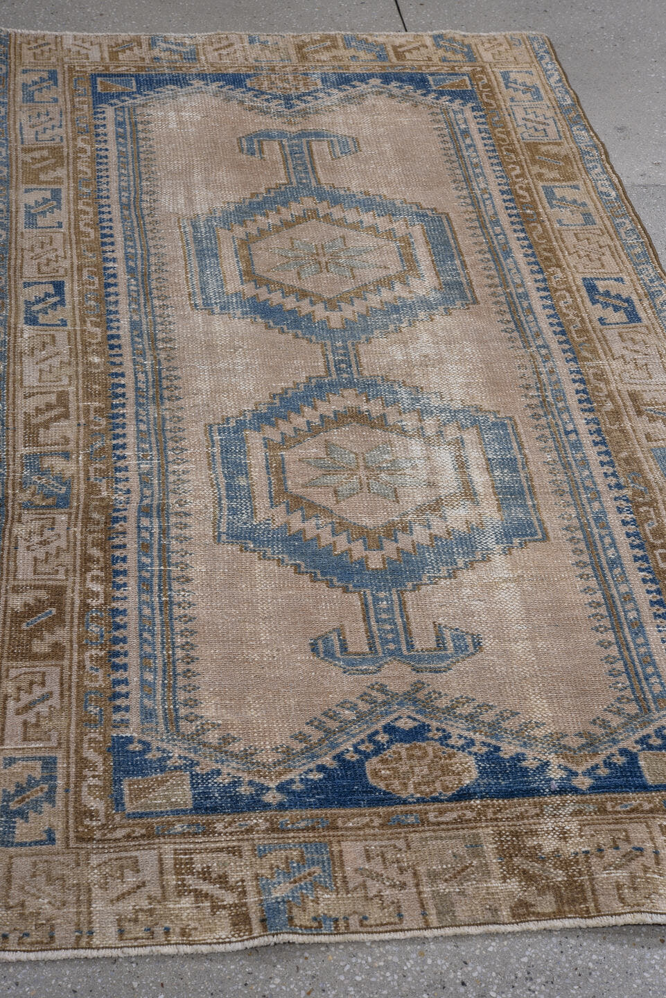 3' x 6' one-of-a-kind handmade antique Hamadan small size rug. Color palette: ivory, sky blue, camel, navy, taupe