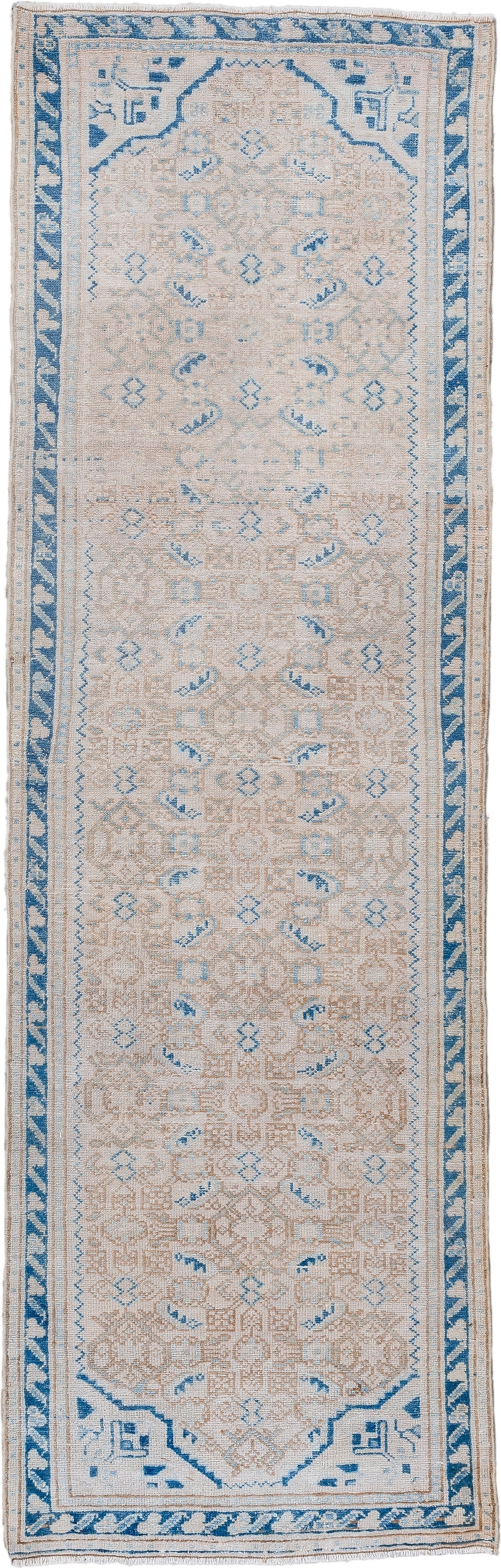 2' x 6' one-of-a-kind handmade vintage Hamadan runner rug. Color palette: ivory, sky blue, camel, beige, light blue