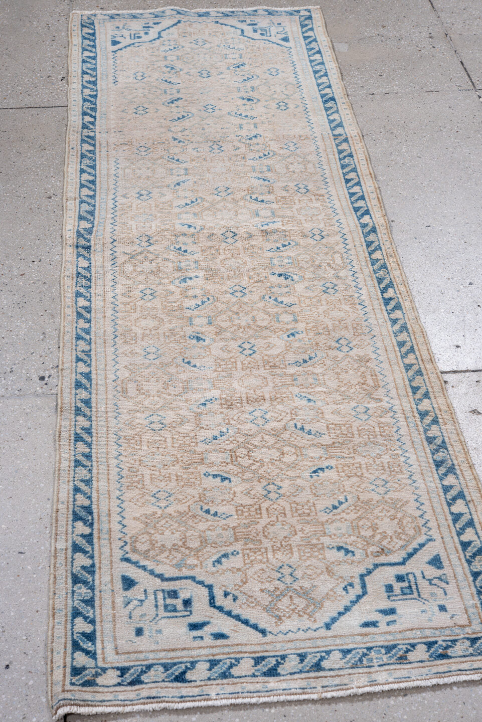 2' x 6' one-of-a-kind handmade vintage Hamadan runner rug. Color palette: ivory, sky blue, camel, beige, light blue