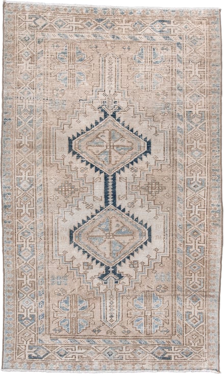 3' x 6' one-of-a-kind handmade antique Heriz small size rug. Color palette: ivory, taupe, faded blue, beige, slate, gray