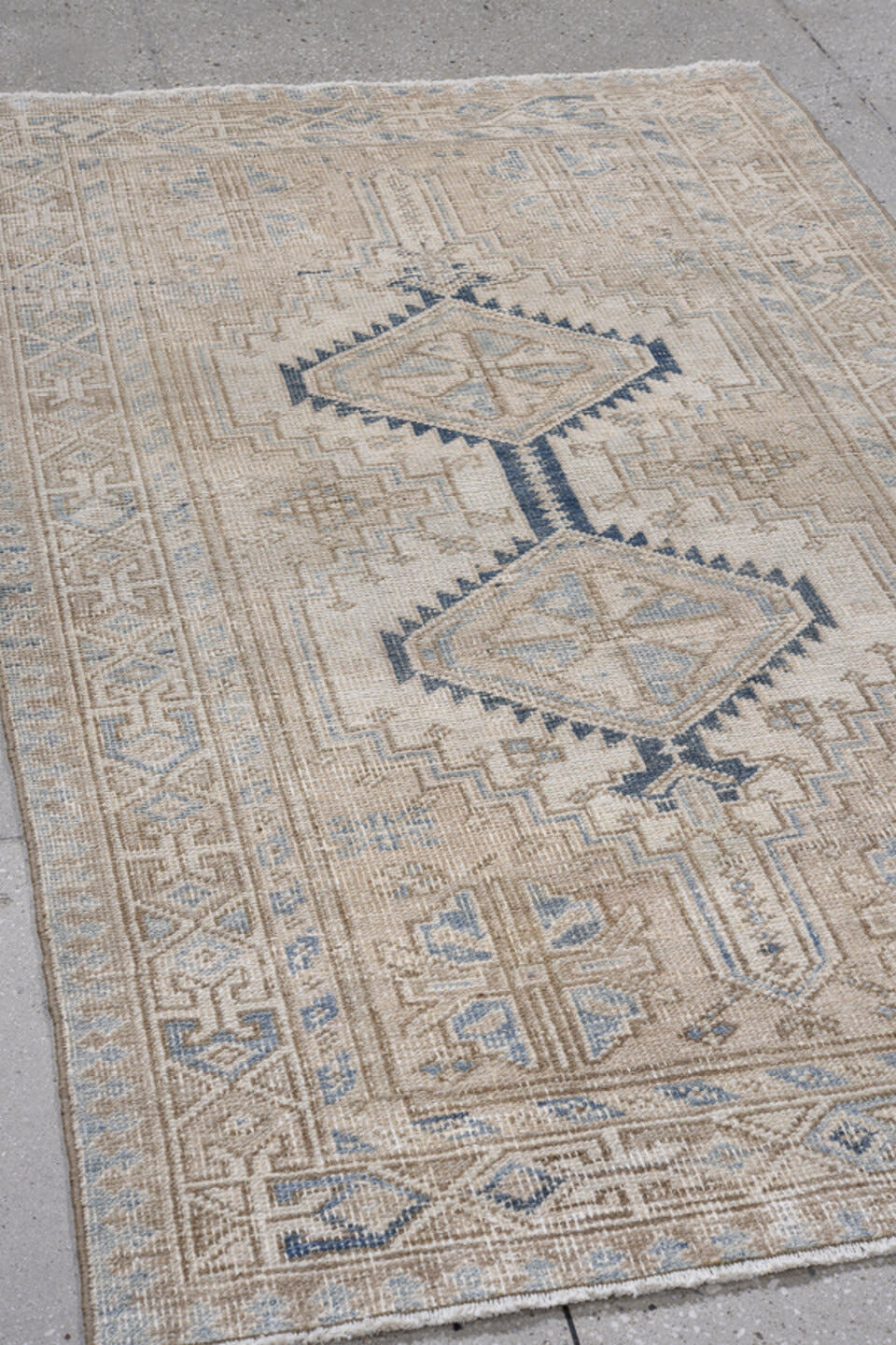 3' x 6' one-of-a-kind handmade antique Heriz small size rug. Color palette: ivory, taupe, faded blue, beige, slate, gray