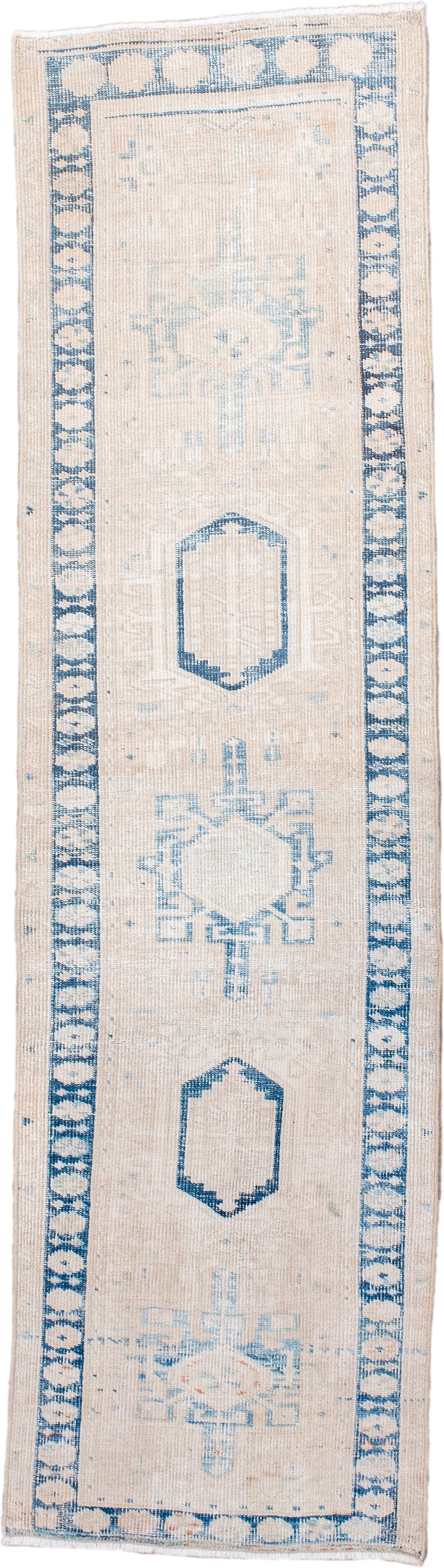 2' x 7' one-of-a-kind handmade antique Heriz runner rug. Color palette: ivory, sky_blue, beige, powder_blue, taupe