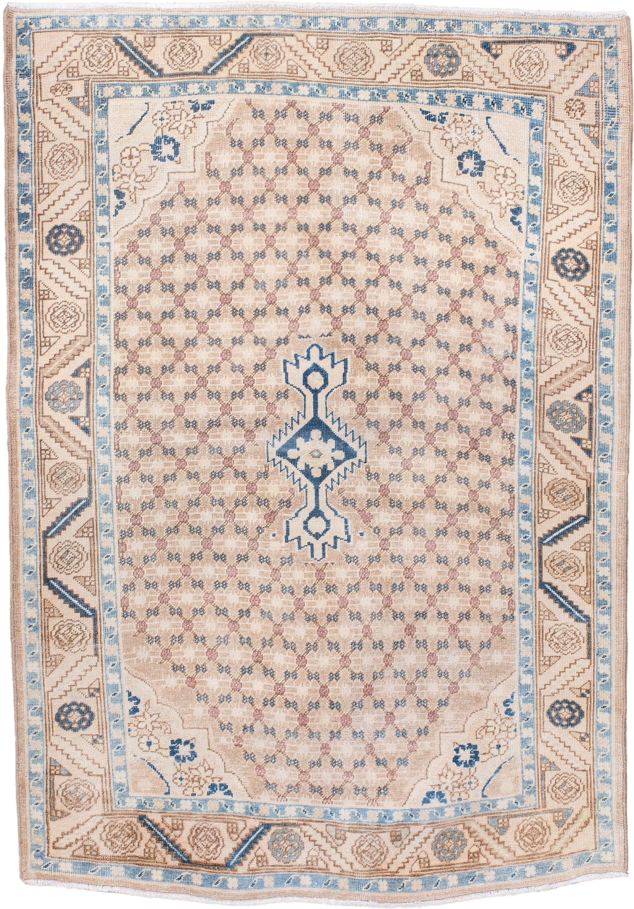 3' x 4' one-of-a-kind handmade vintage Hamadan small size rug. Color palette: ivory, light blue, beige, taupe, camel, rose