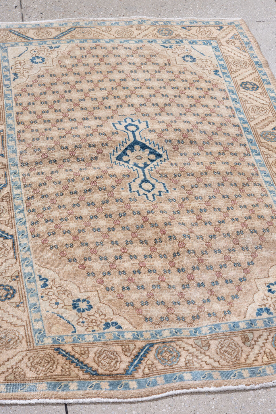 3' x 4' one-of-a-kind handmade vintage Hamadan small size rug. Color palette: ivory, light blue, beige, taupe, camel, rose