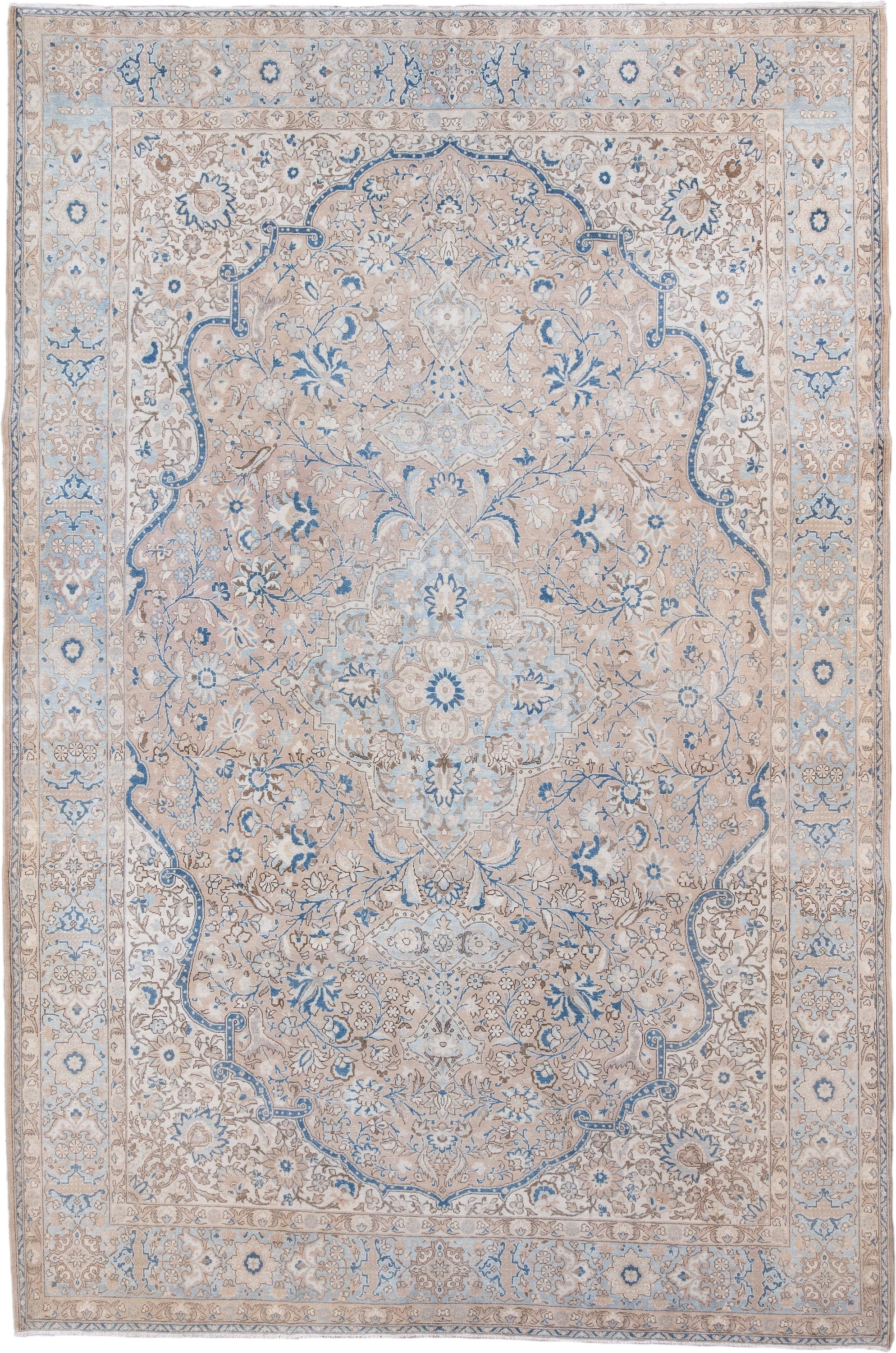 7' x 11' one-of-a-kind handmade vintage Kerman large size rug. Color palette: ivory, beige, light blue, taupe, camel, gray