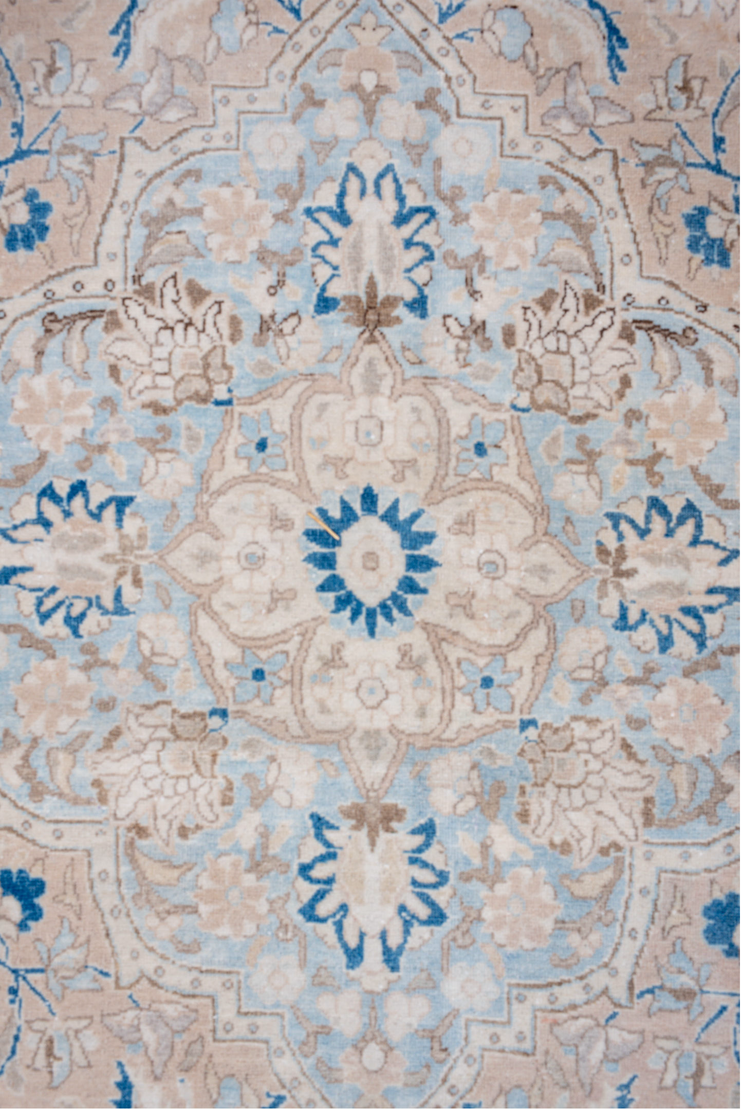 7' x 11' one-of-a-kind handmade vintage Kerman large size rug. Color palette: ivory, beige, light blue, taupe, camel, gray