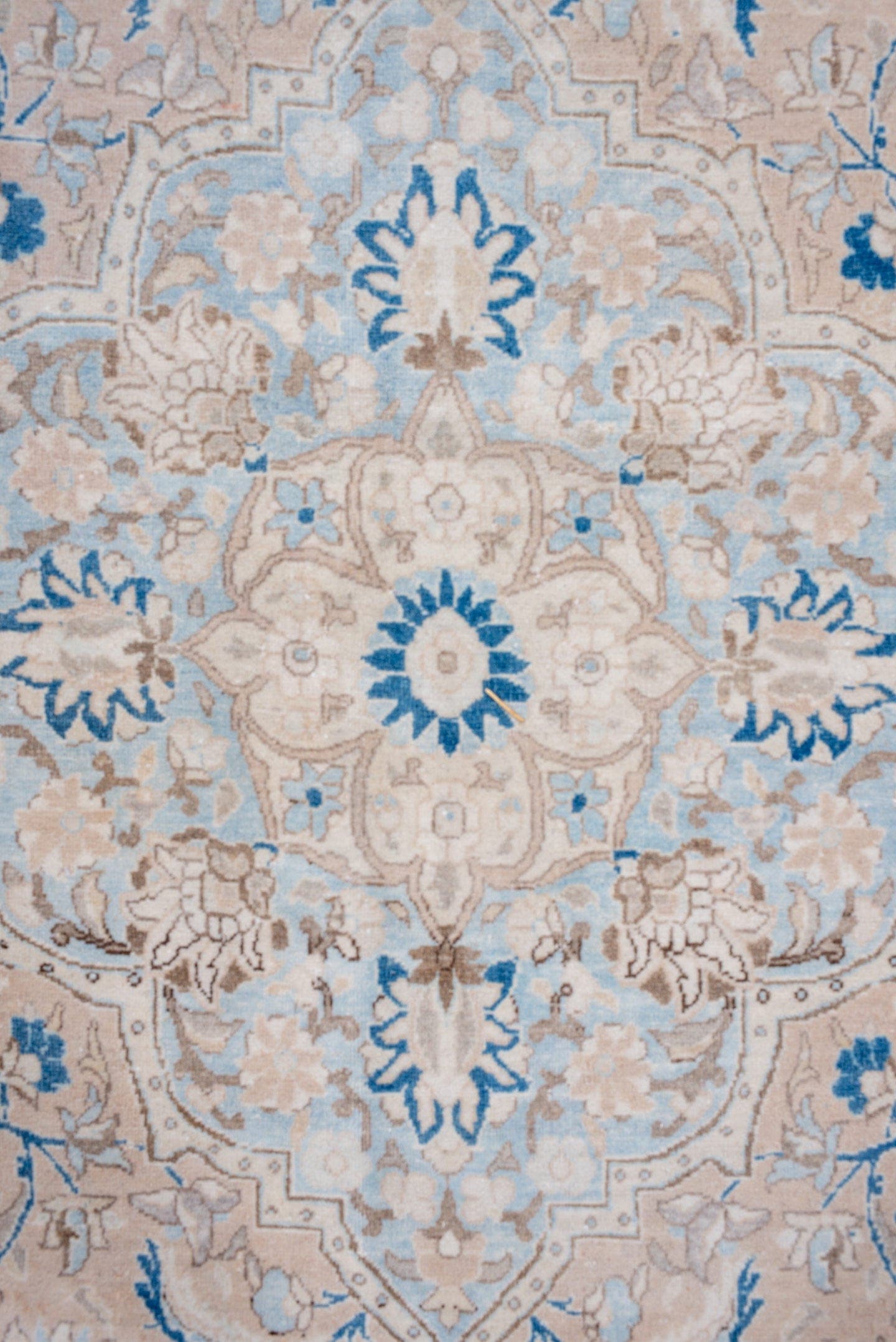 7' x 11' one-of-a-kind handmade vintage Kerman large size rug. Color palette: ivory, beige, light blue, taupe, camel, gray