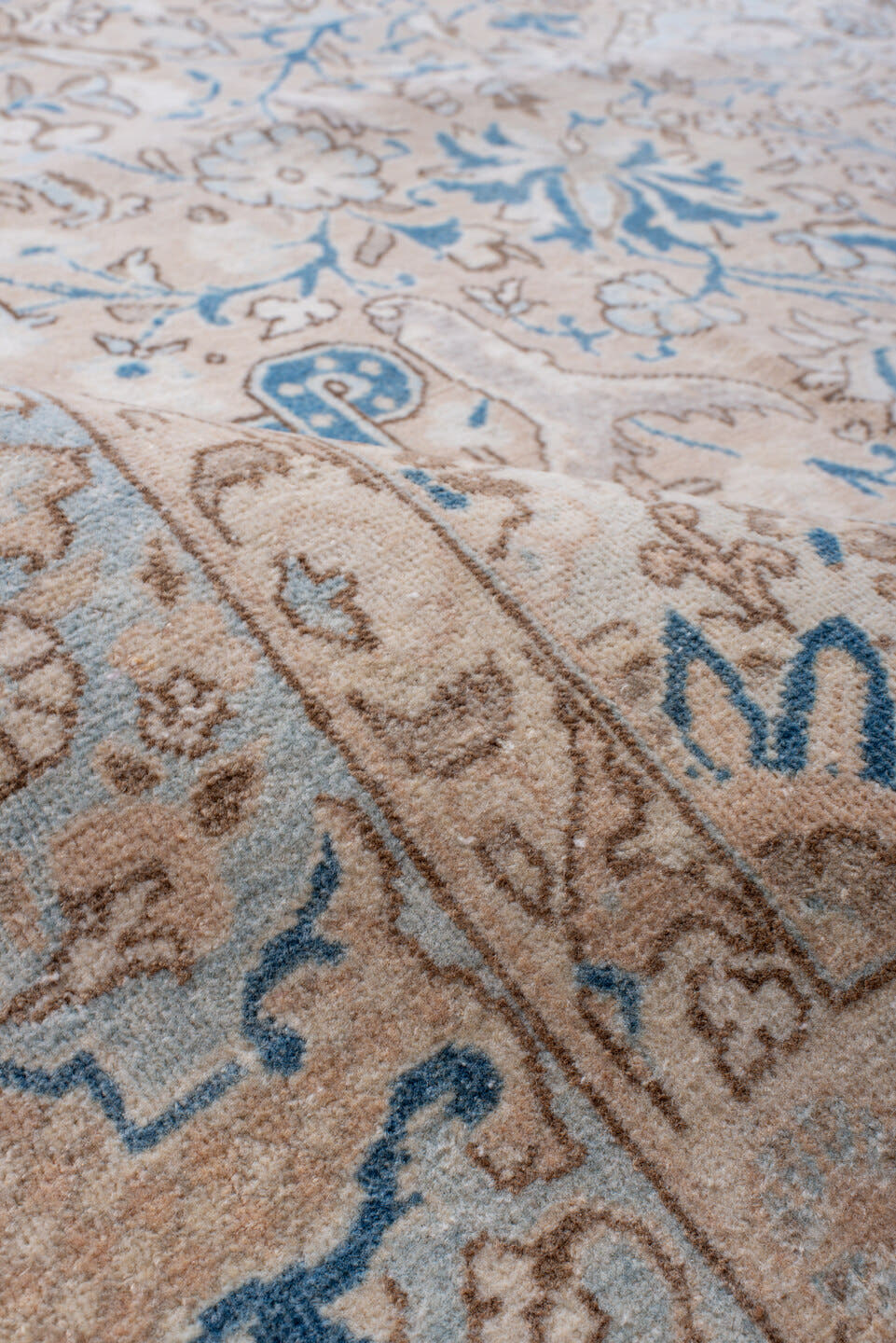 7' x 11' one-of-a-kind handmade vintage Kerman large size rug. Color palette: ivory, beige, light blue, taupe, camel, gray