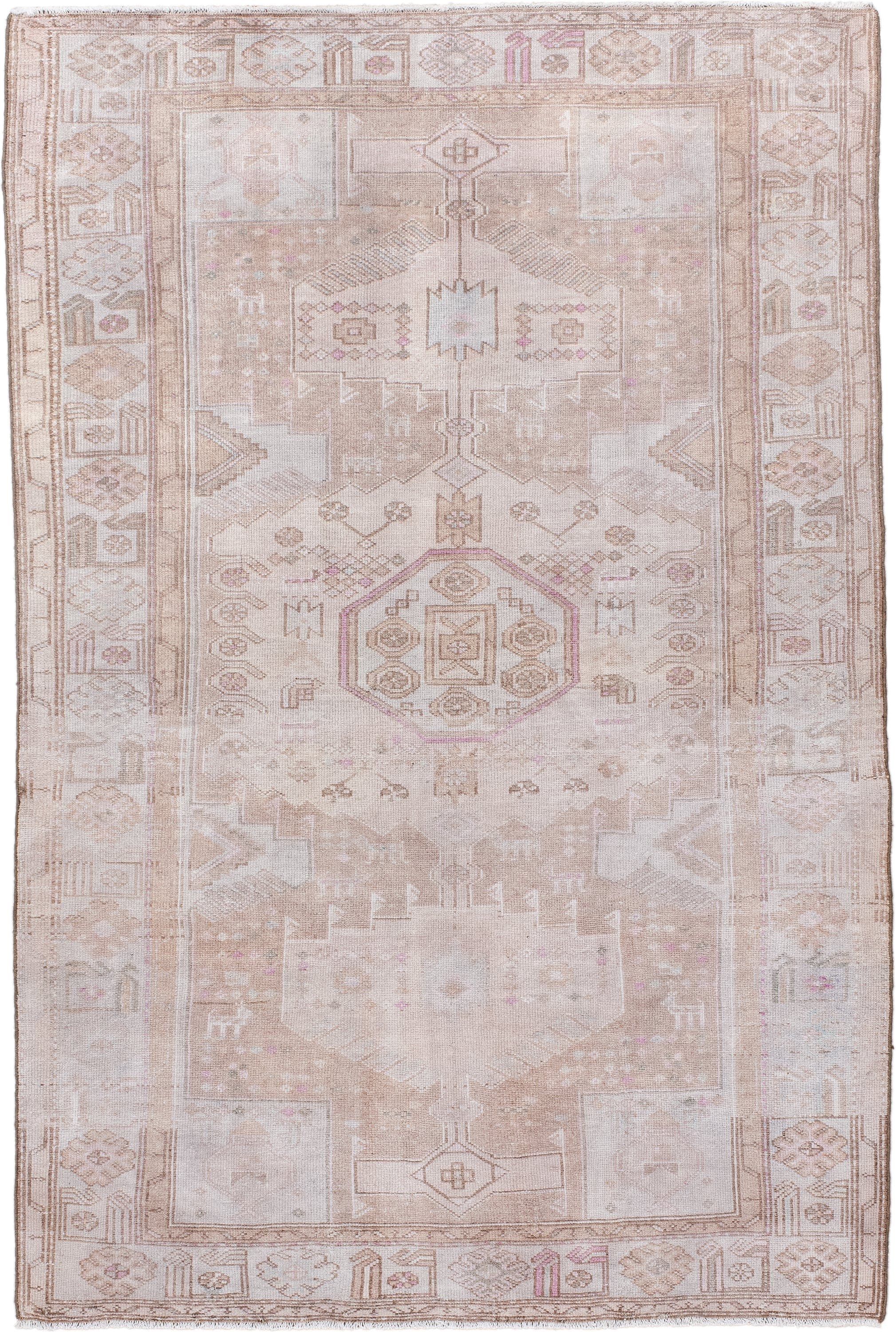 4' x 6' one-of-a-kind handmade vintage Malayer small size rug. Color palette: ivory, blush, taupe, camel, rose, beige, pink