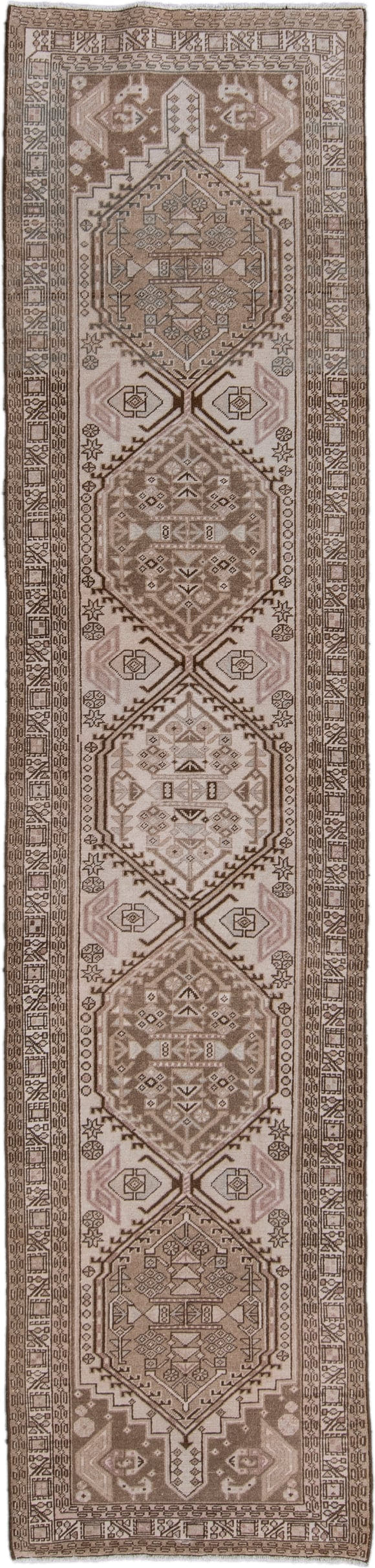 2' x 10' one-of-a-kind handmade antique Sarab runner rug. Color palette: taupe, ivory, brown, camel, rose, charcoal, beige