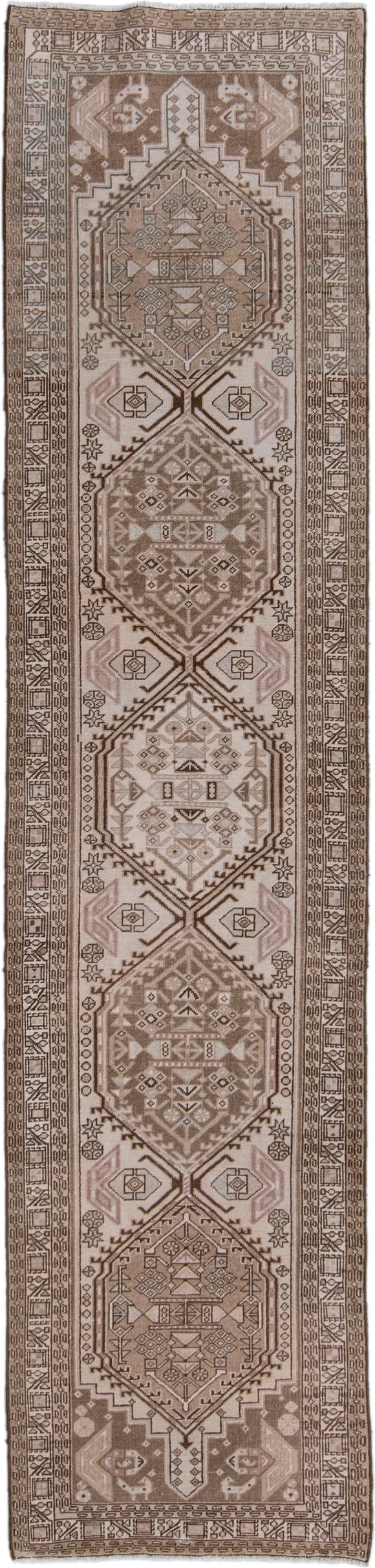 2' x 10' one-of-a-kind handmade antique Sarab runner rug. Color palette: taupe, ivory, brown, camel, rose, charcoal, beige