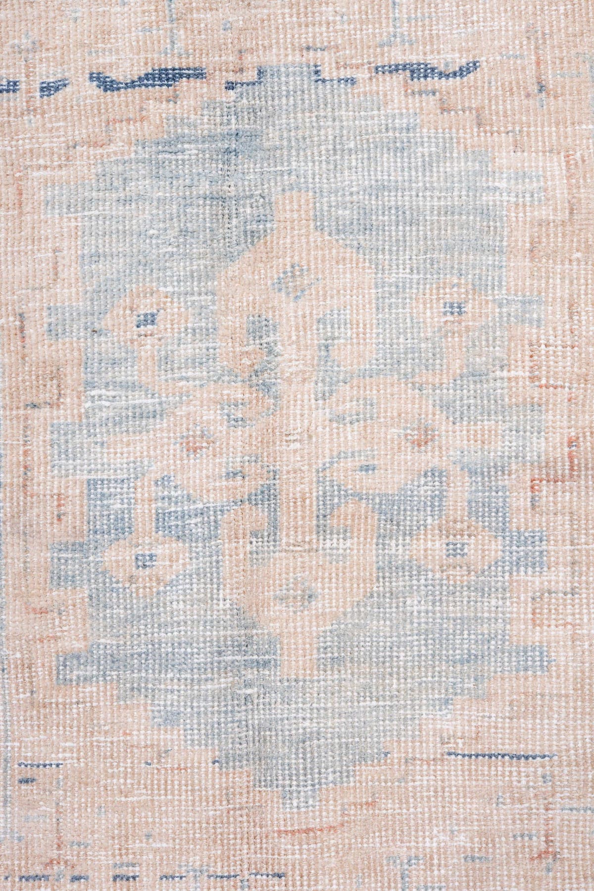 4' x 7' one-of-a-kind handmade vintage Veece rug. Color palette: ivory, pale blue, blush, sky blue, faded coral, light blue