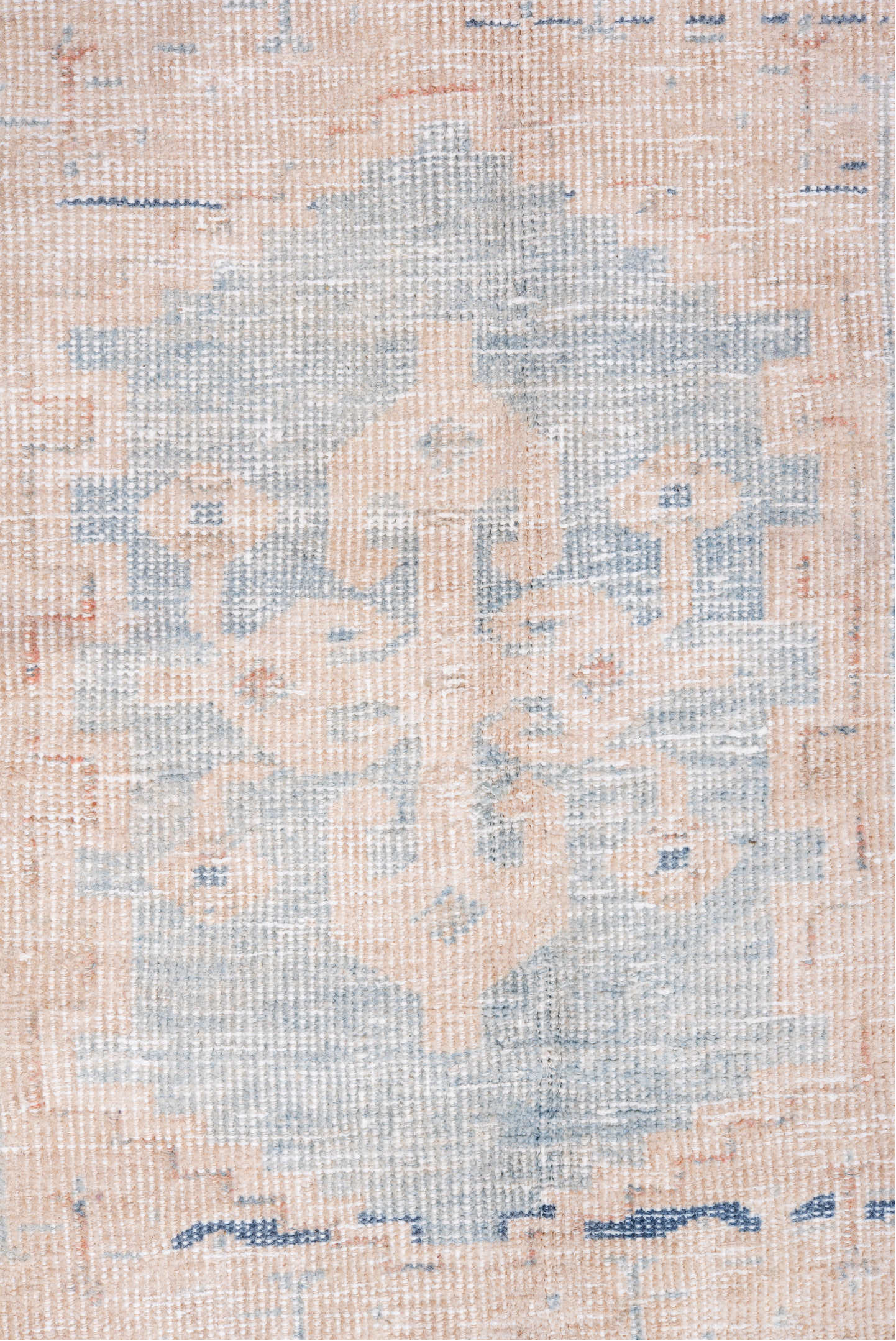 4' x 7' one-of-a-kind handmade vintage Veece rug. Color palette: ivory, pale blue, blush, sky blue, faded coral, light blue