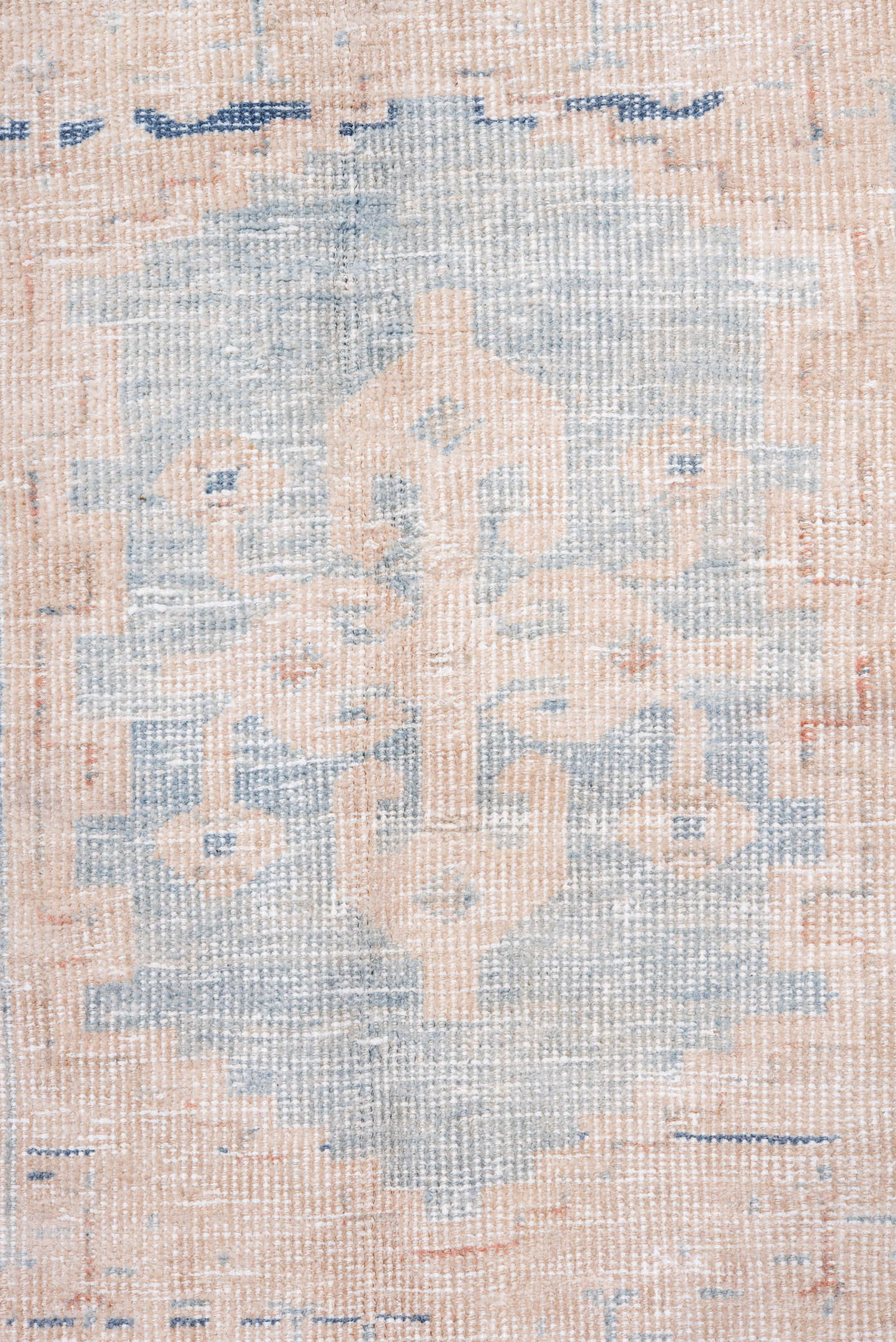 4' x 7' one-of-a-kind handmade vintage Veece rug. Color palette: ivory, pale blue, blush, sky blue, faded coral, light blue