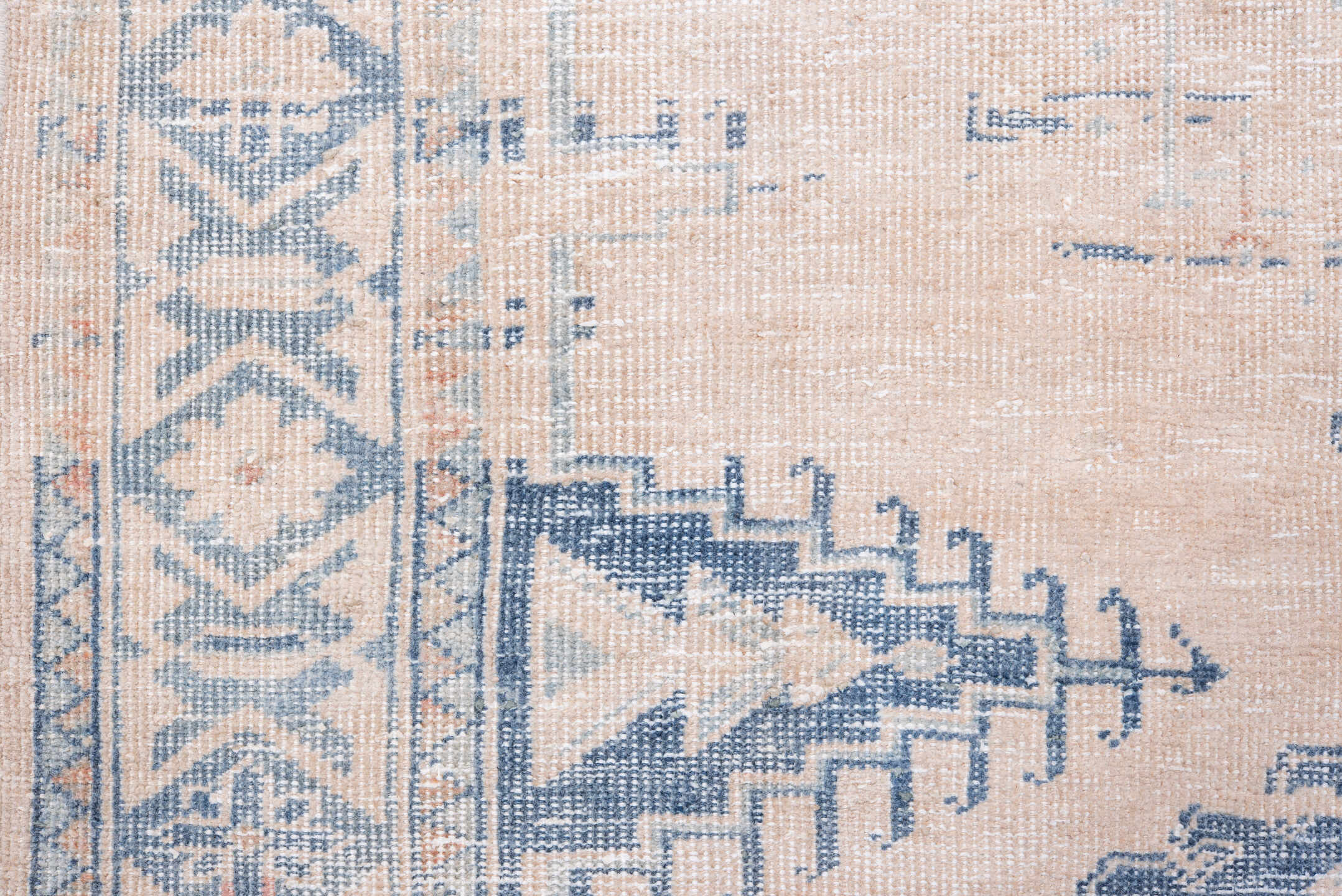 4' x 7' one-of-a-kind handmade vintage Veece rug. Color palette: ivory, pale blue, blush, sky blue, faded coral, light blue