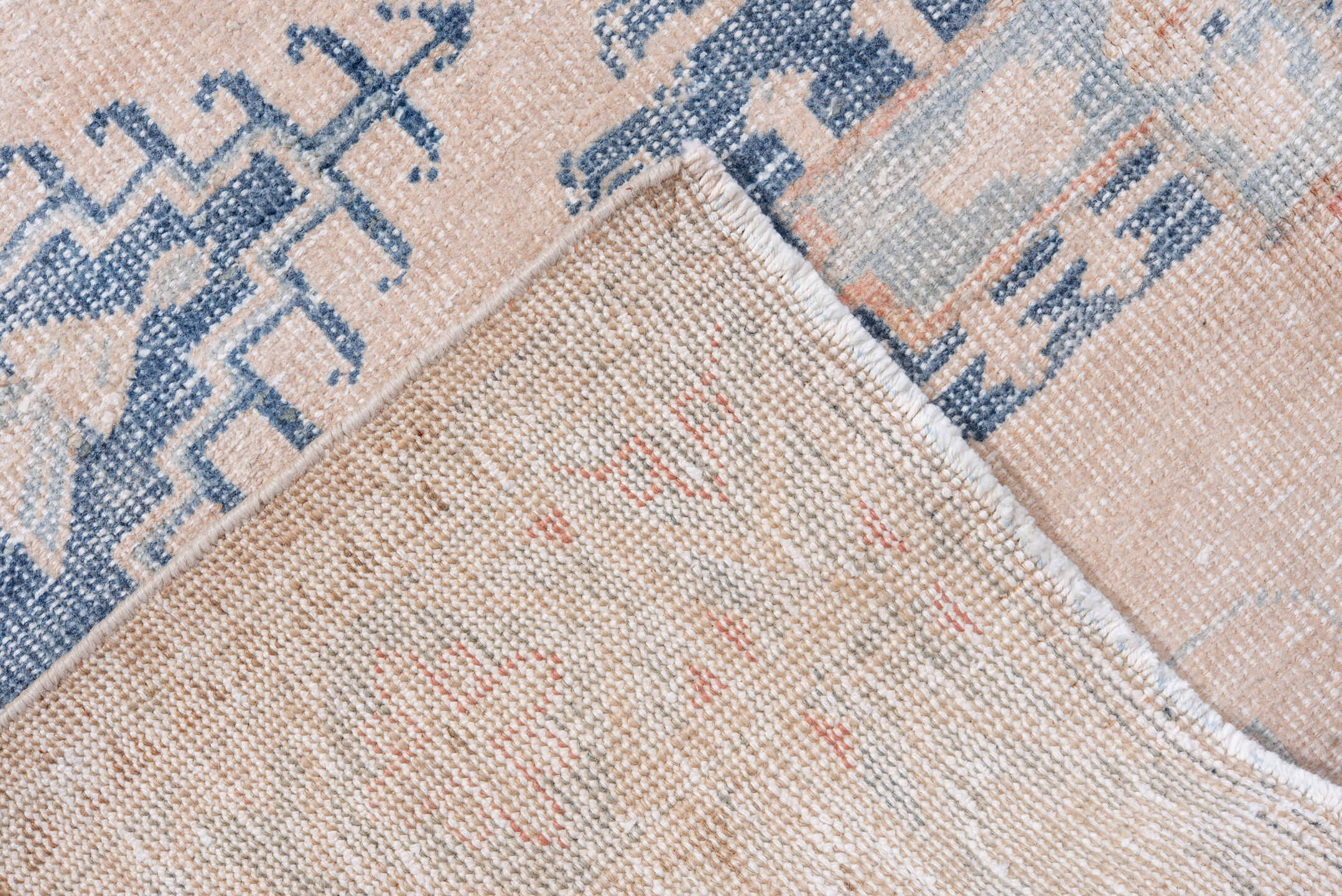 4' x 7' one-of-a-kind handmade vintage Veece rug. Color palette: ivory, pale blue, blush, sky blue, faded coral, light blue