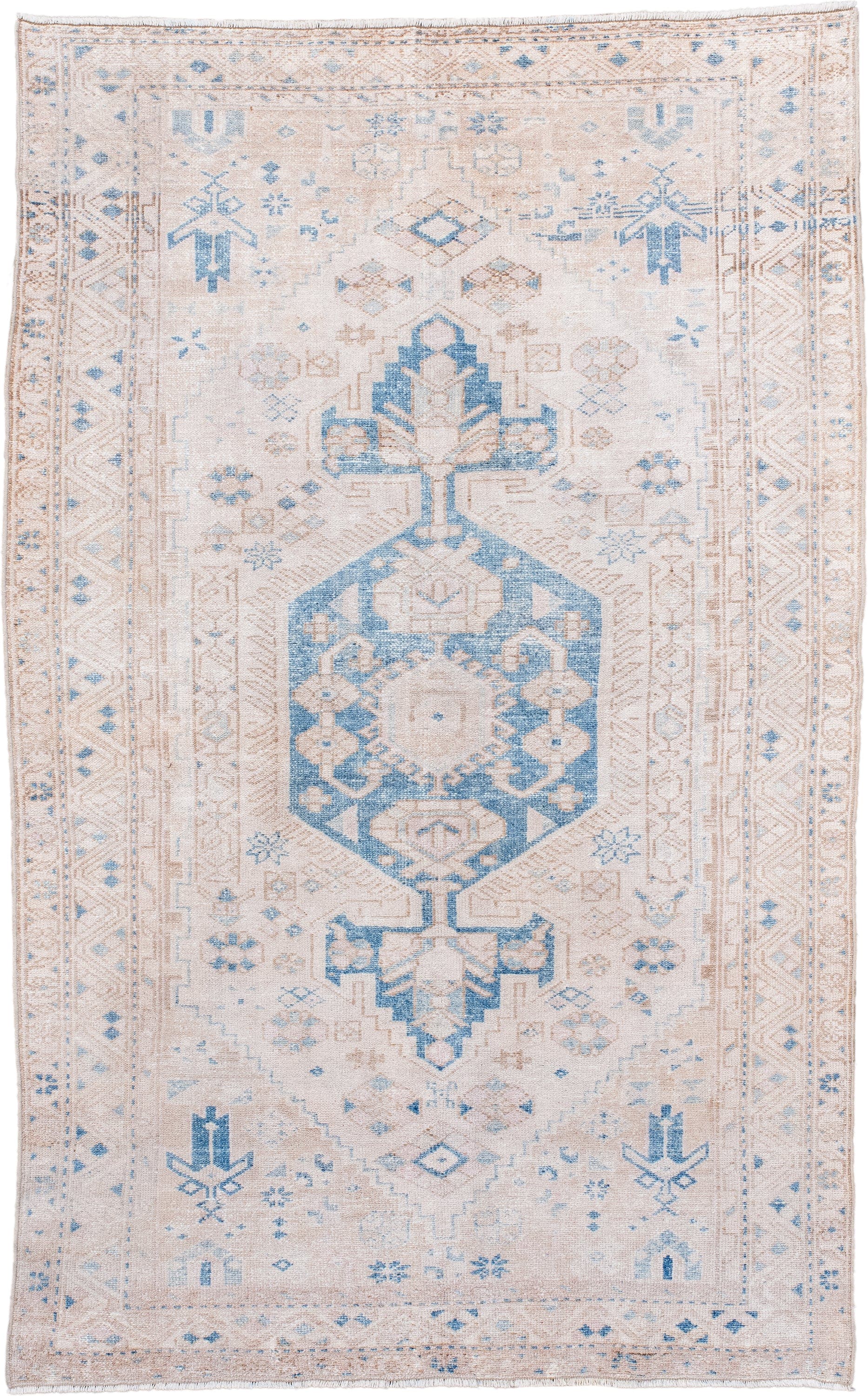 4' x 6' one-of-a-kind handmade vintage Hamadan small size rug. Color palette: ivory, sky blue, blush, beige, taupe