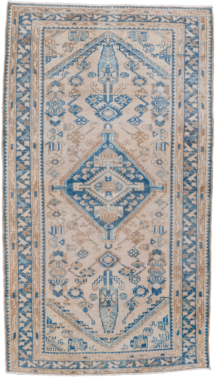 3' x 6' one-of-a-kind handmade vintage Hamadan small size rug. Color palette: ivory, sky blue, beige, taupe, camel