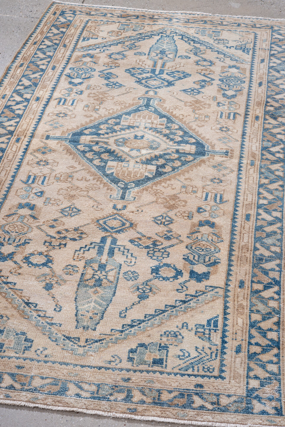 3' x 6' one-of-a-kind handmade vintage Hamadan small size rug. Color palette: ivory, sky blue, beige, taupe, camel